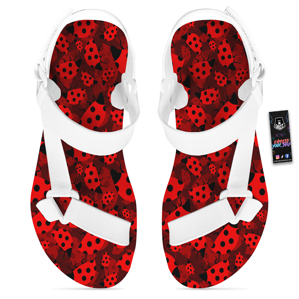 Ladybug Red Print Pattern White Open Toe Sandals-grizzshop