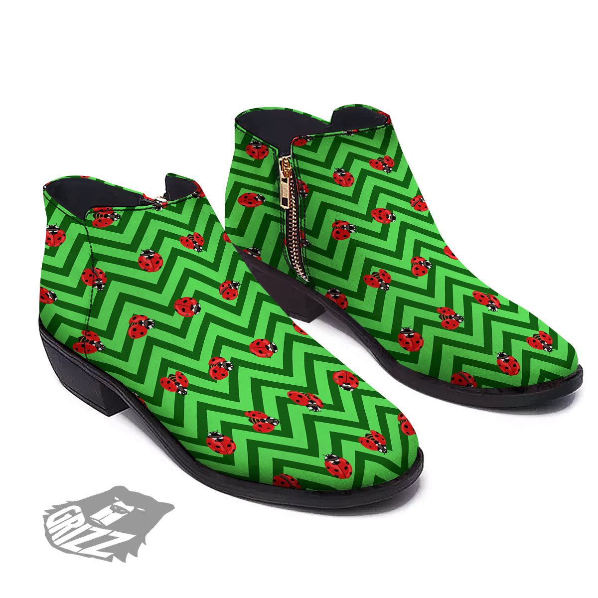 Ladybug Zigzag Green Pattern Ankle Boots-grizzshop