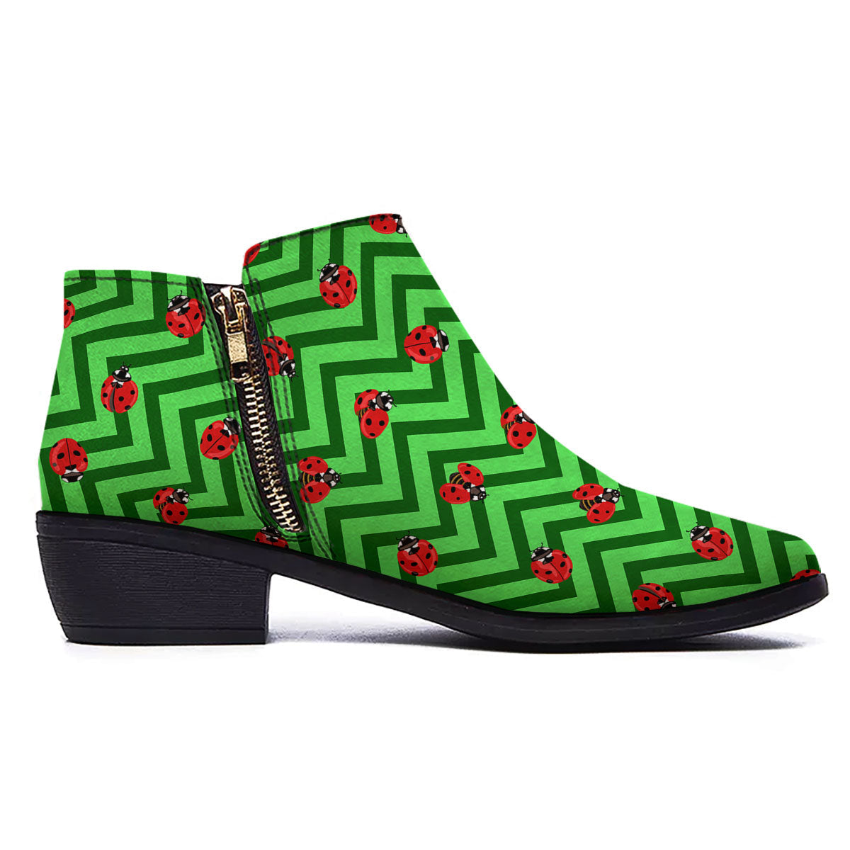 Ladybug Zigzag Green Pattern Ankle Boots-grizzshop
