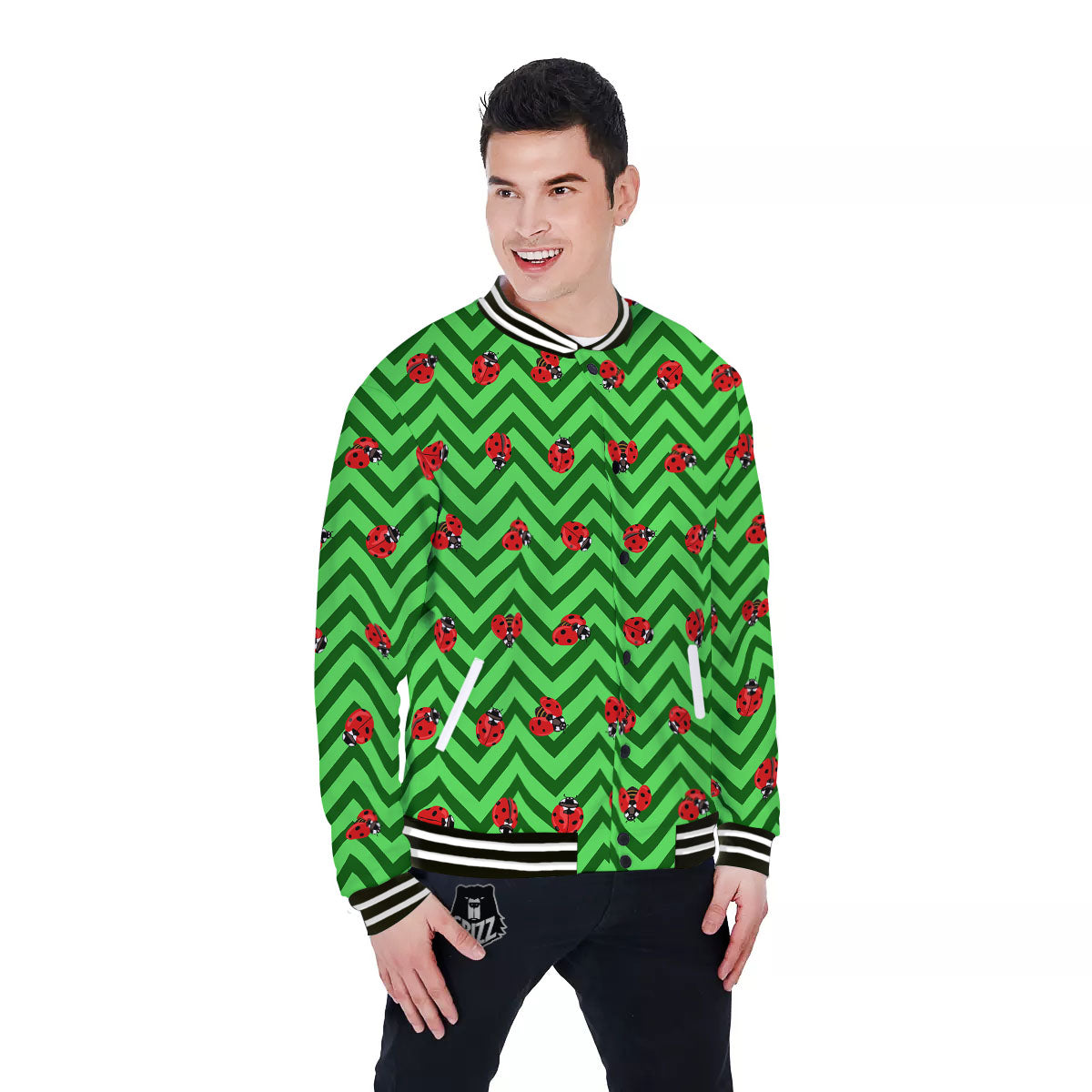 Ladybug Zigzag Green Pattern Baseball Jacket-grizzshop