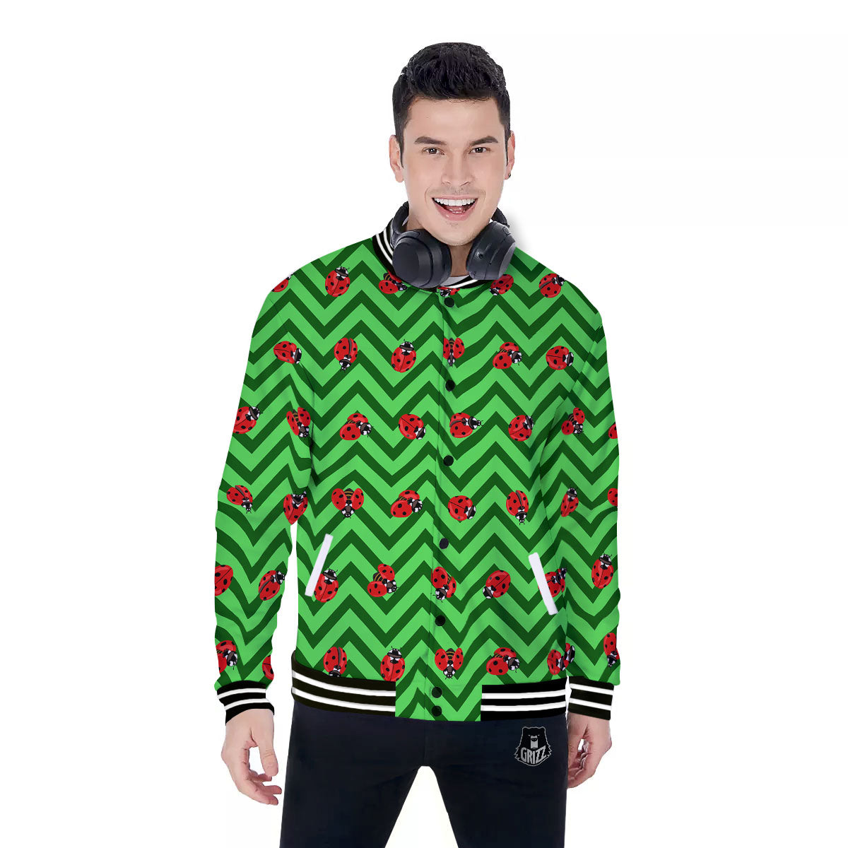 Ladybug Zigzag Green Pattern Baseball Jacket-grizzshop
