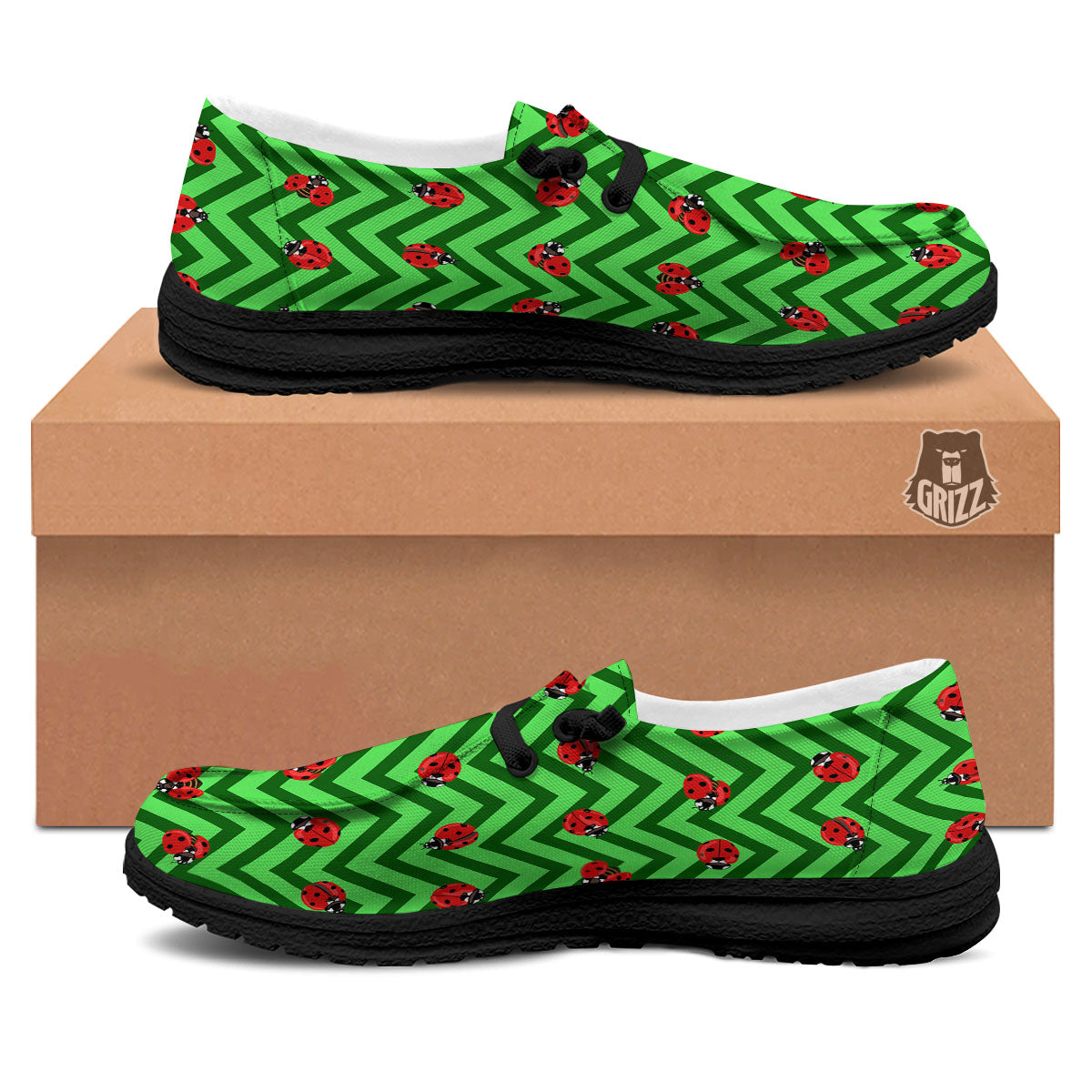 Ladybug Zigzag Green Pattern Black Loafers-grizzshop