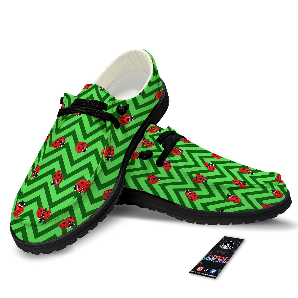 Ladybug Zigzag Green Pattern Black Loafers-grizzshop