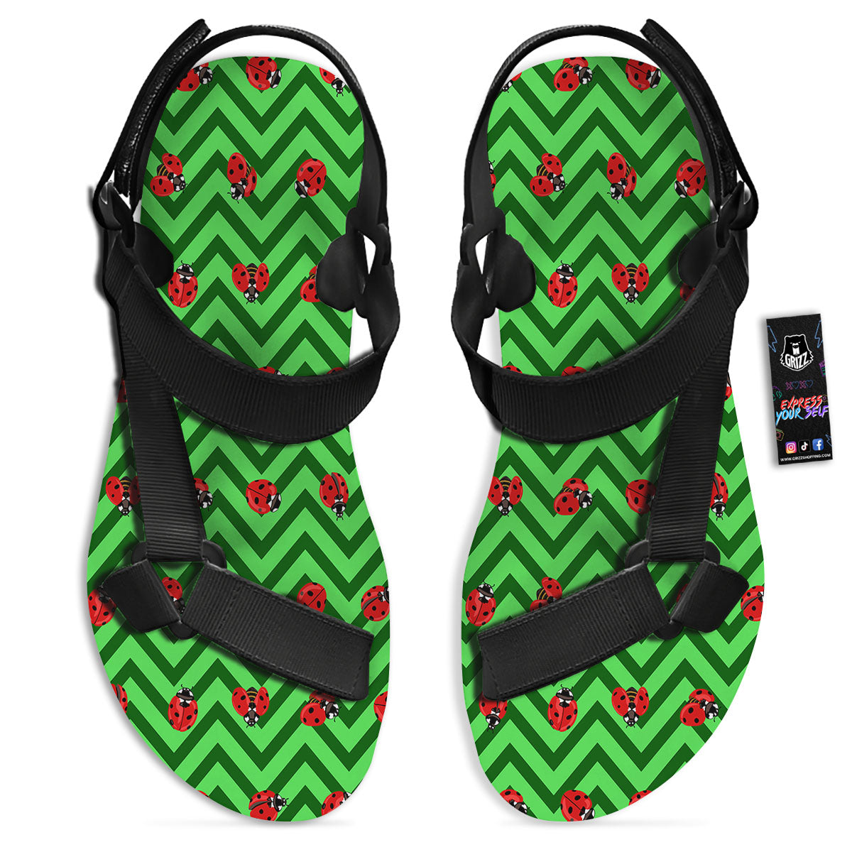 Ladybug Zigzag Green Pattern Black Open Toe Sandals-grizzshop