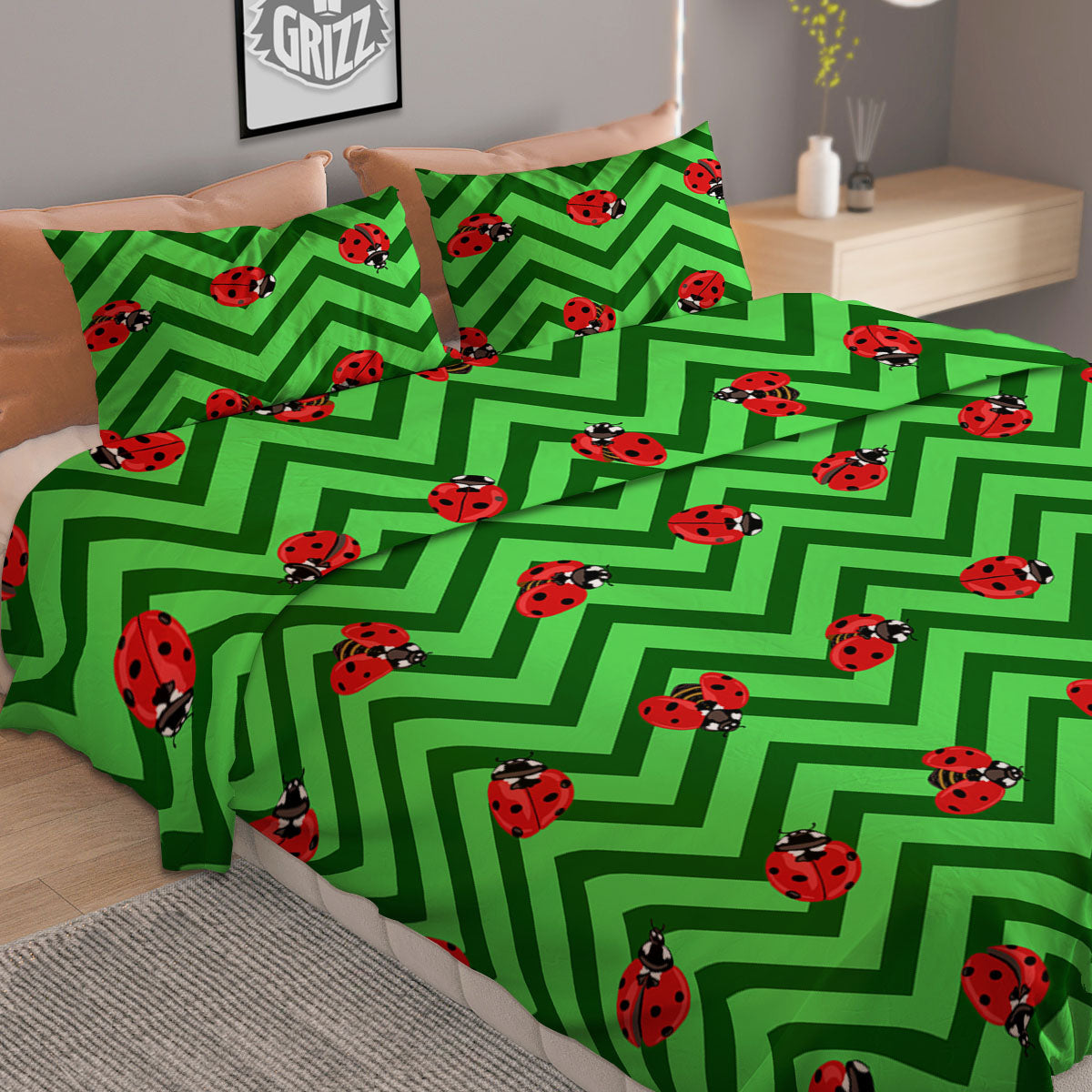 Ladybug Zigzag Green Pattern Duvet Cover Bedding Set-grizzshop
