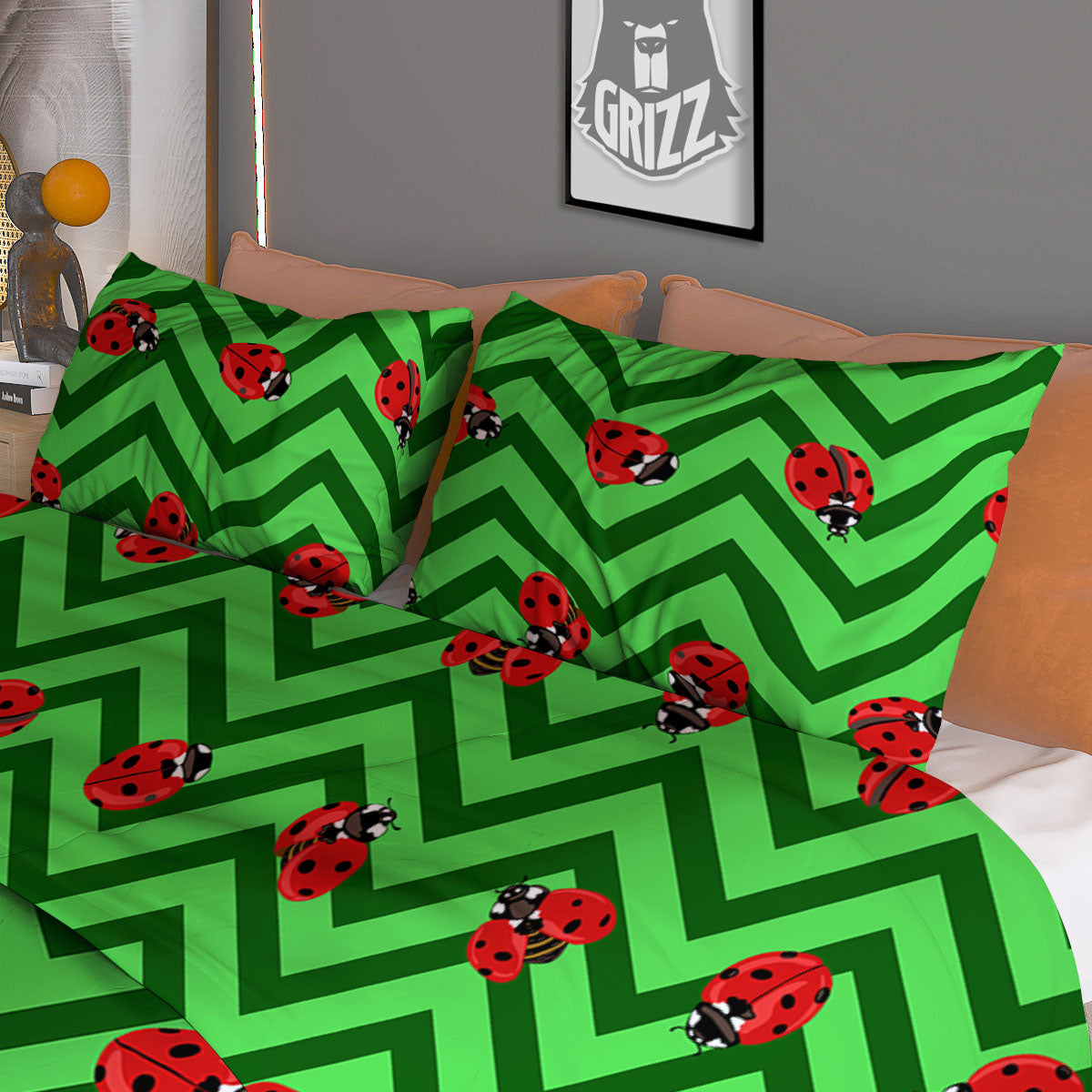 Ladybug Zigzag Green Pattern Duvet Cover Bedding Set-grizzshop