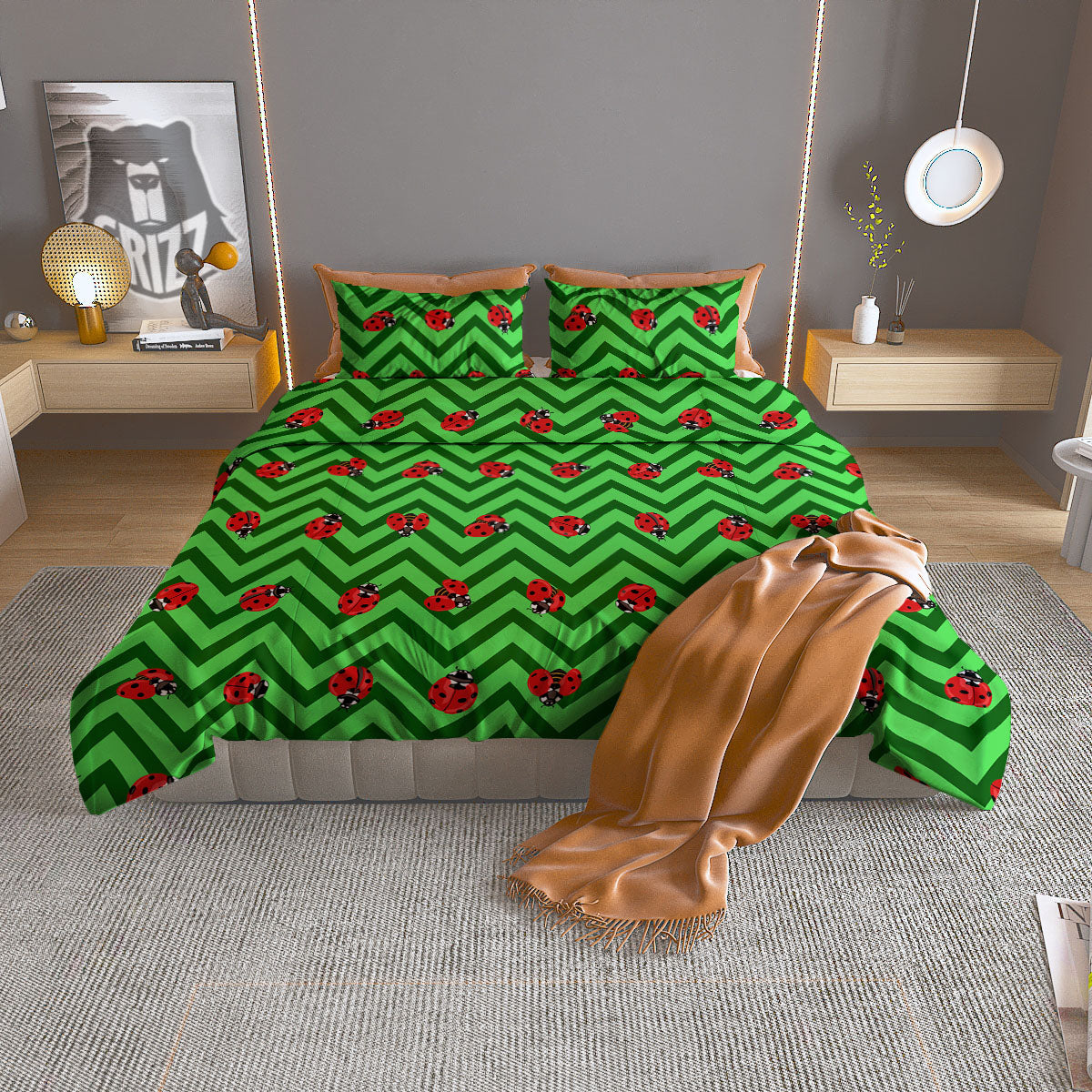Ladybug Zigzag Green Pattern Duvet Cover Bedding Set-grizzshop
