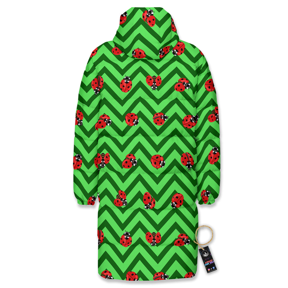 Ladybug Zigzag Green Pattern Long Down Jacket-grizzshop