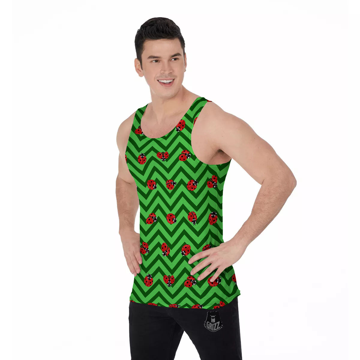 Ladybug Zigzag Green Pattern Men's Tank Top-grizzshop