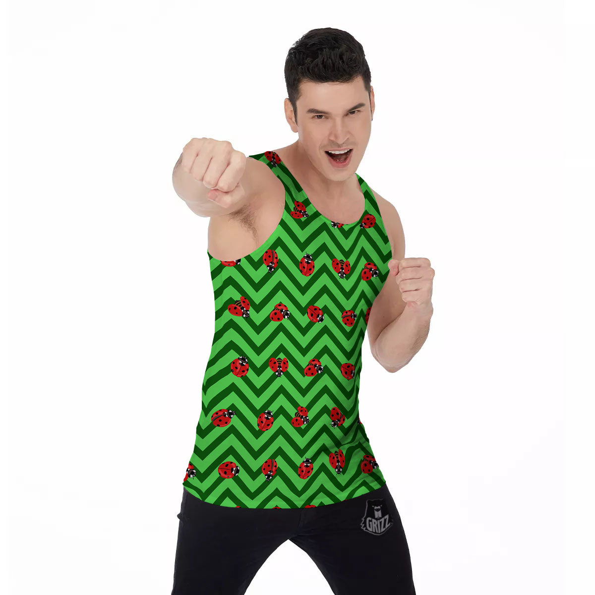 Ladybug Zigzag Green Pattern Men's Tank Top-grizzshop