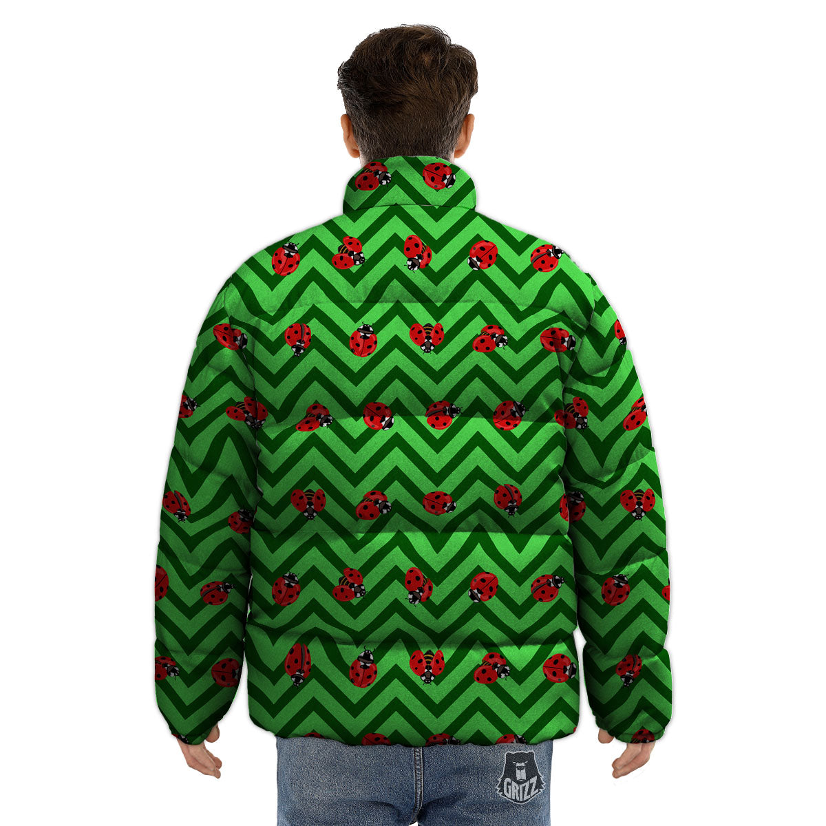 Ladybug Zigzag Green Pattern Puffer Jacket-grizzshop