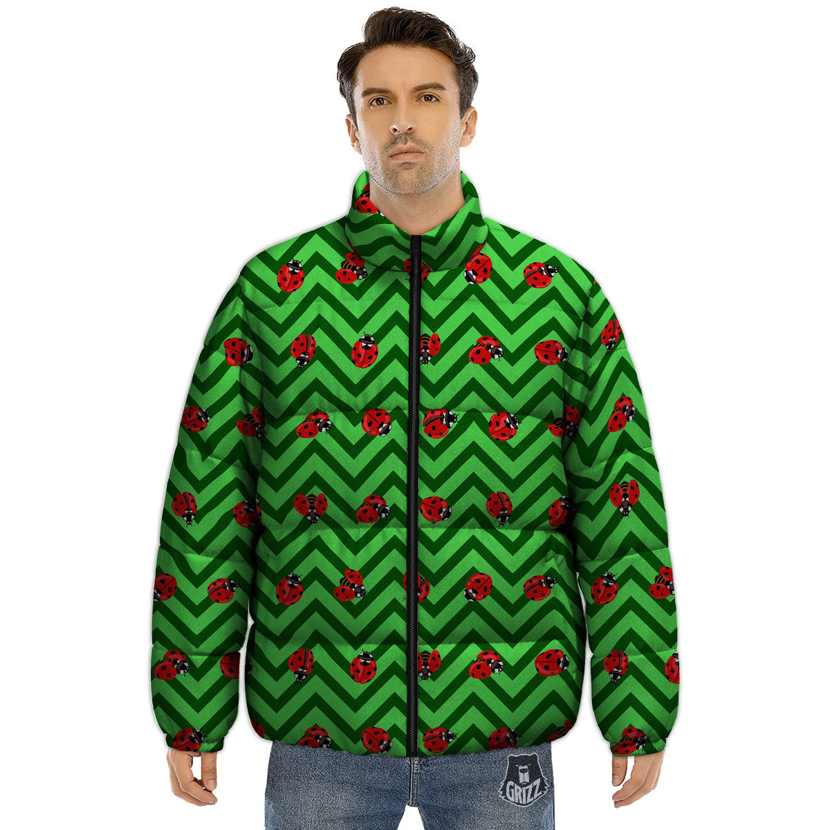 Ladybug Zigzag Green Pattern Puffer Jacket-grizzshop