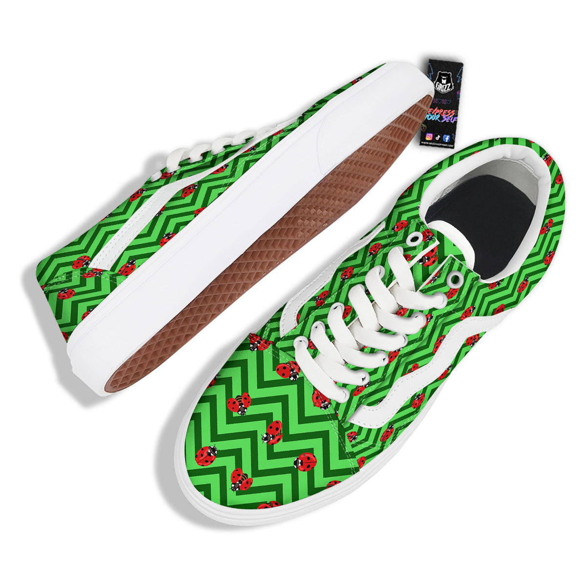 Ladybug Zigzag Green Pattern Skate Shoes-grizzshop