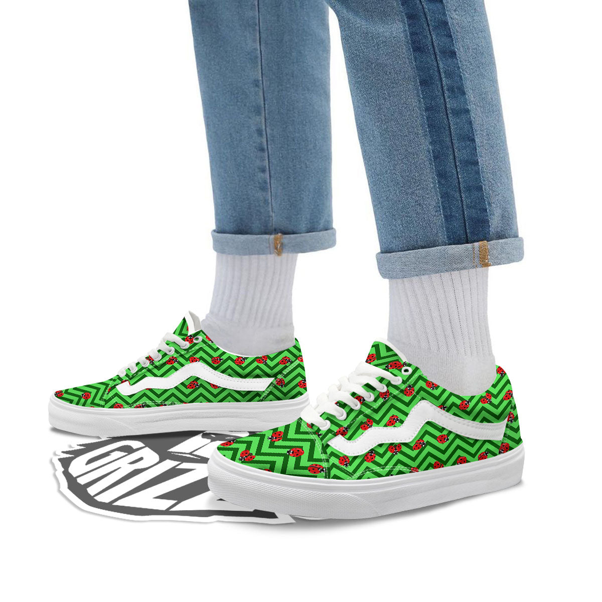 Ladybug Zigzag Green Pattern Skate Shoes-grizzshop
