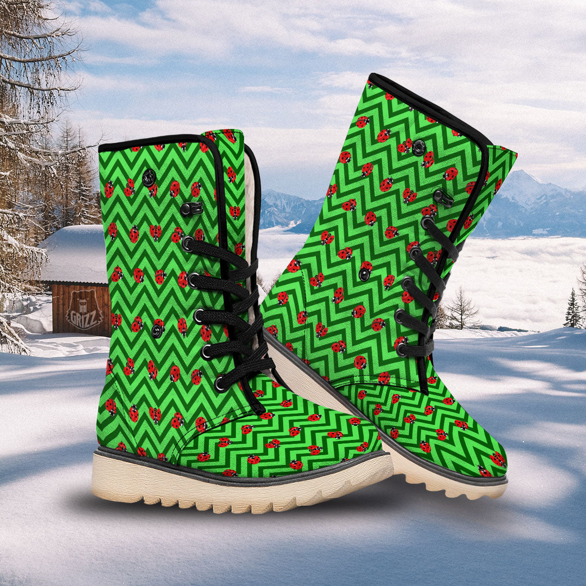 Ladybug Zigzag Green Pattern Snow Boots-grizzshop