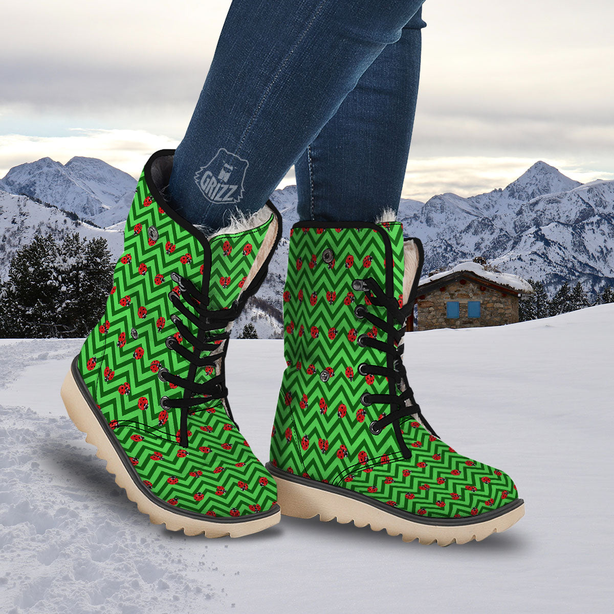 Ladybug Zigzag Green Pattern Snow Boots-grizzshop