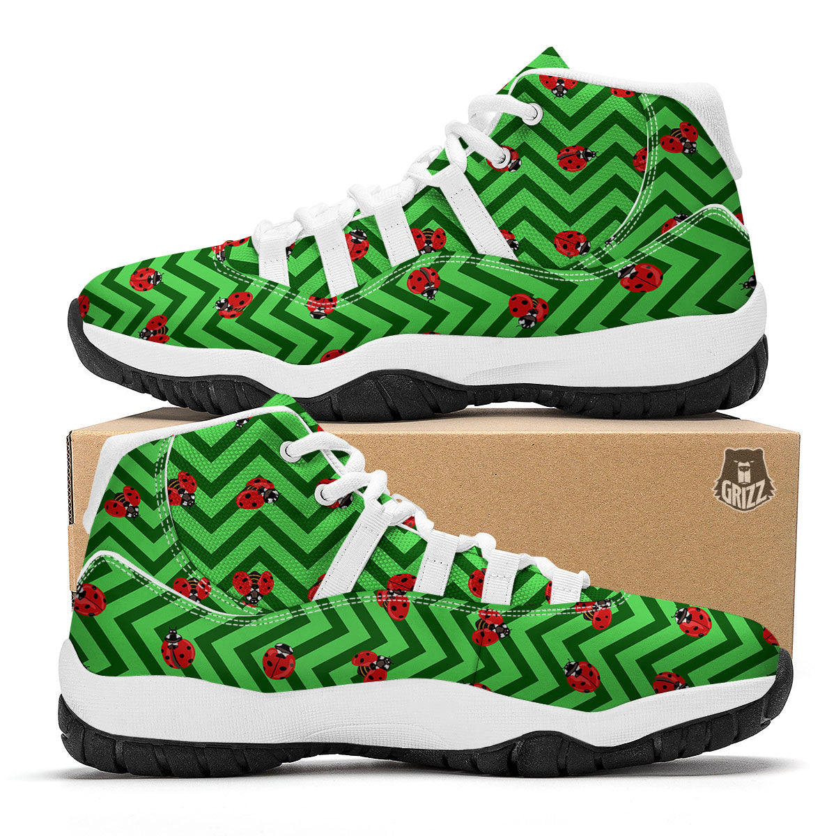 Ladybug Zigzag Green Pattern White Bball Shoes-grizzshop