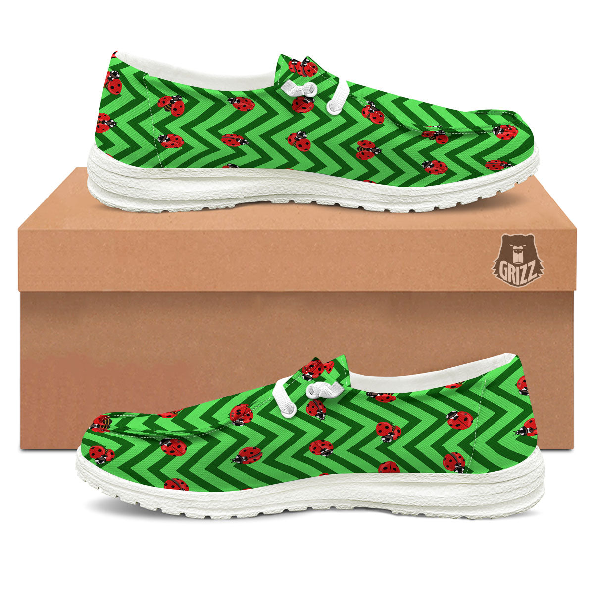 Ladybug Zigzag Green Pattern White Loafers-grizzshop
