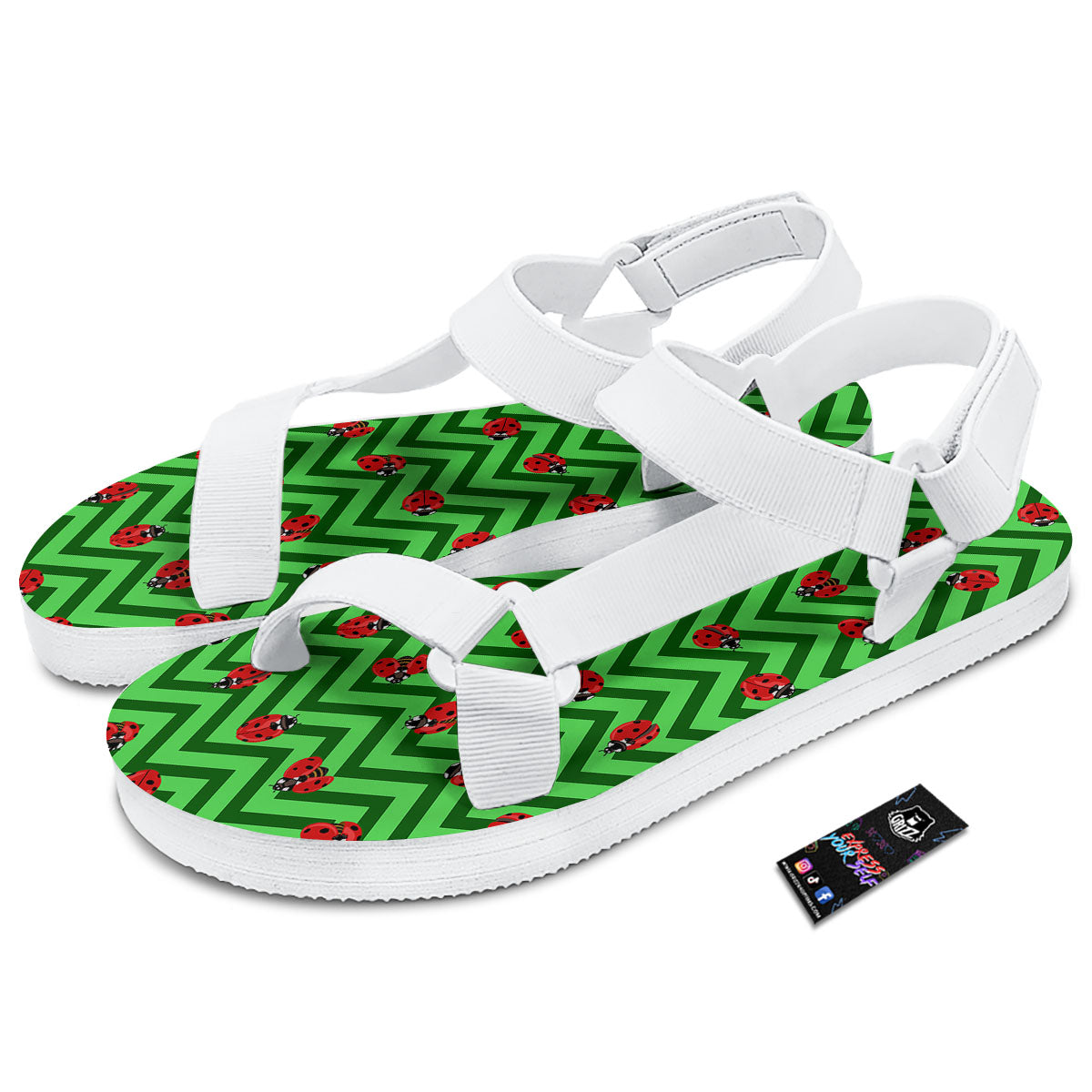 Ladybug Zigzag Green Pattern White Open Toe Sandals-grizzshop