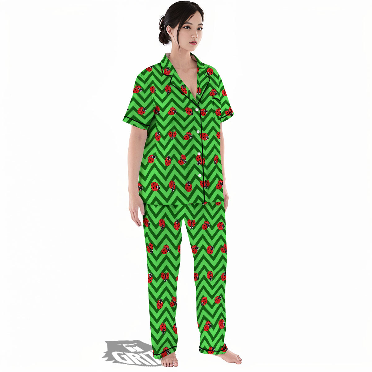 Ladybug Zigzag Green Pattern Women's Pajamas Set-grizzshop