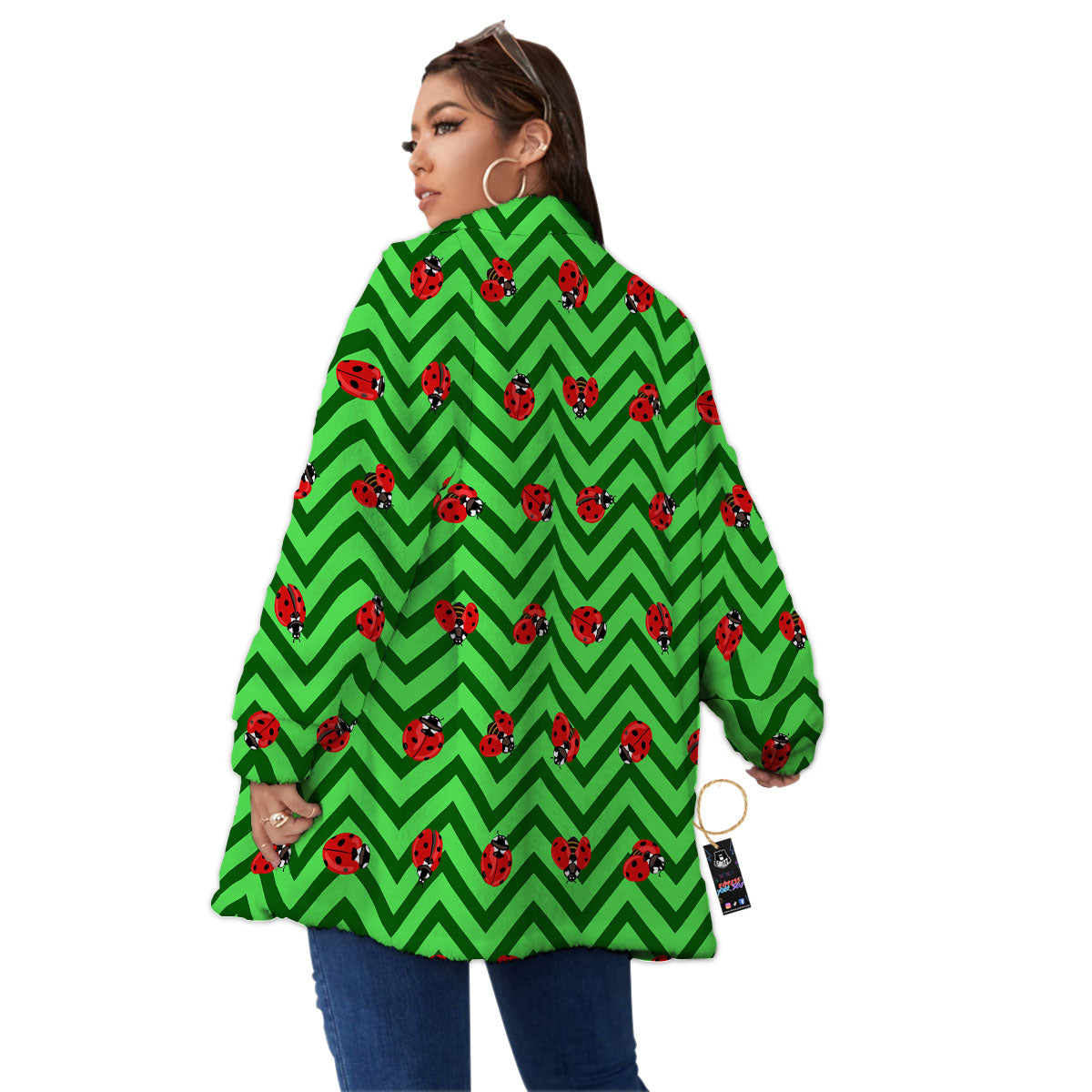 Ladybug Zigzag Green Pattern Women's Sherpa Jacket-grizzshop