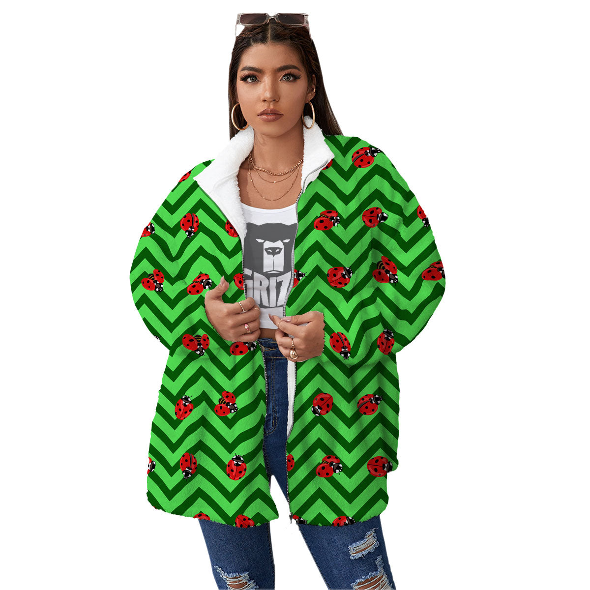 Ladybug Zigzag Green Pattern Women's Sherpa Jacket-grizzshop