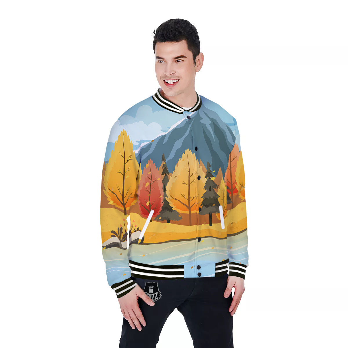 Lake Autumn Print Baseball Jacket-grizzshop