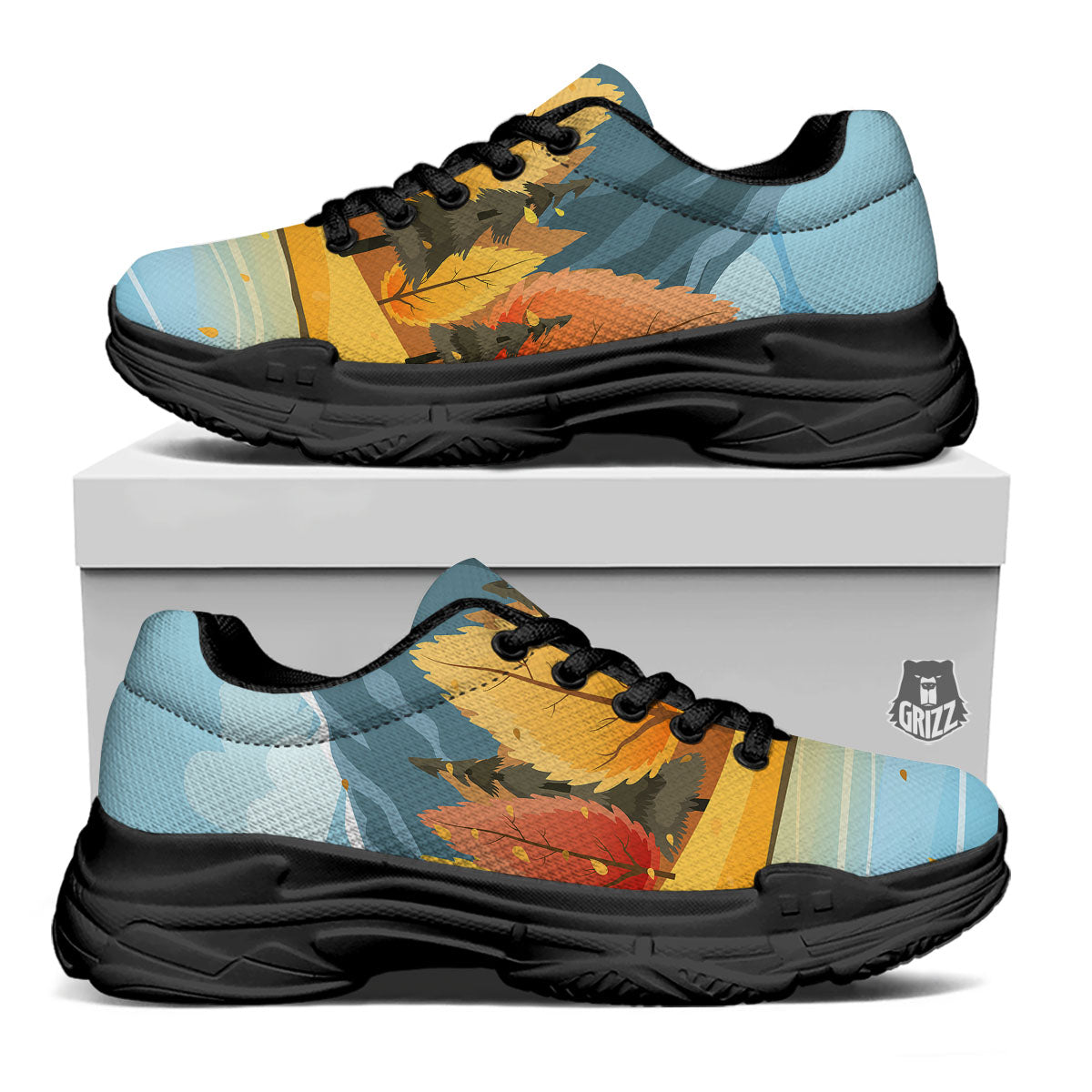 Lake Autumn Print Black Chunky Shoes-grizzshop