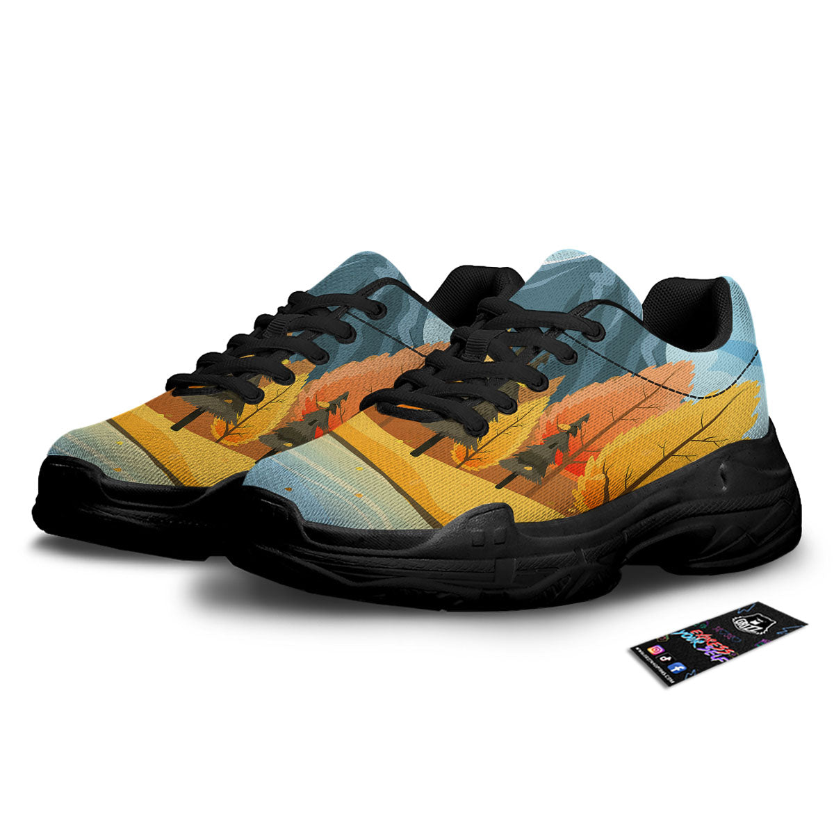 Lake Autumn Print Black Chunky Shoes-grizzshop