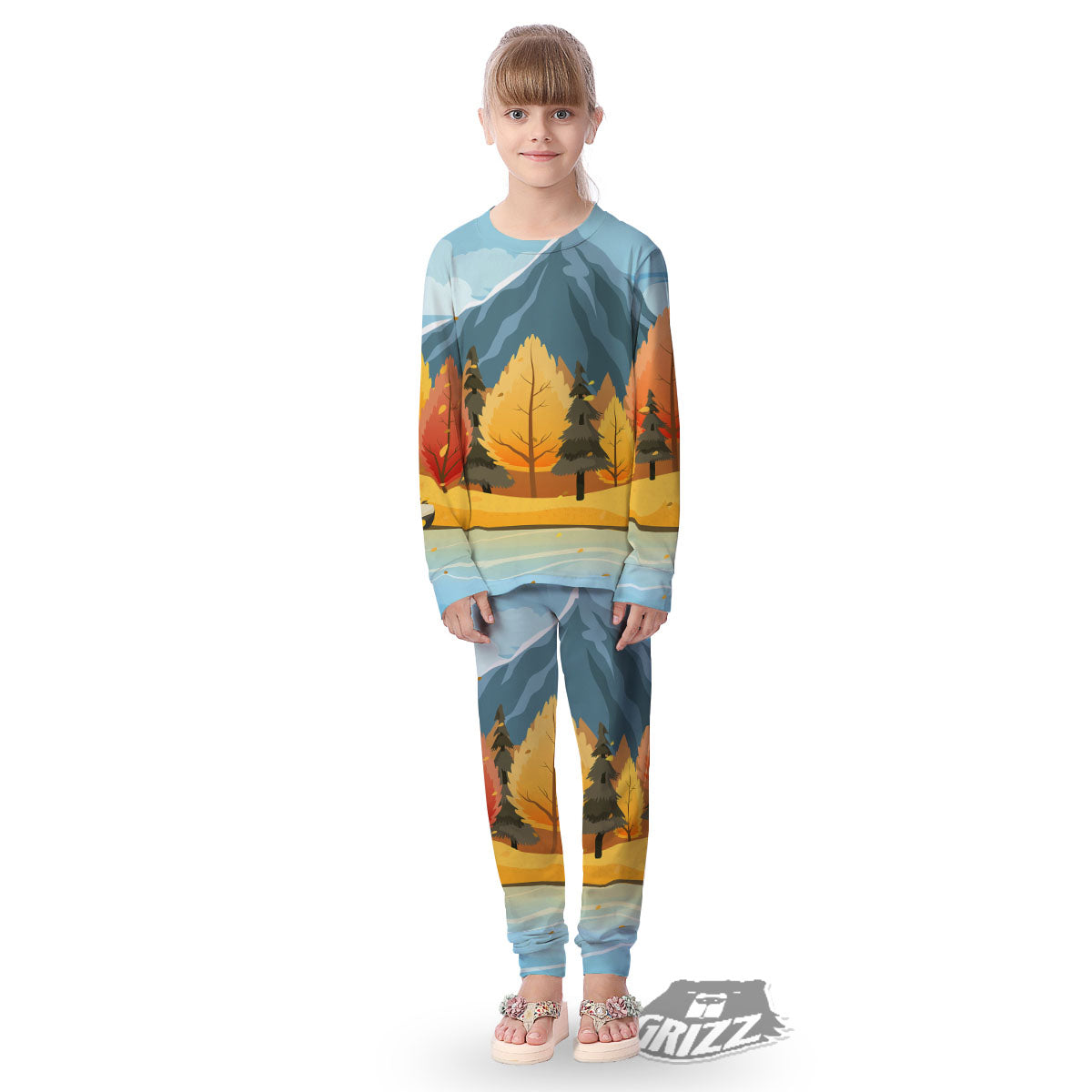 Lake Autumn Print Kid's Pajamas-grizzshop
