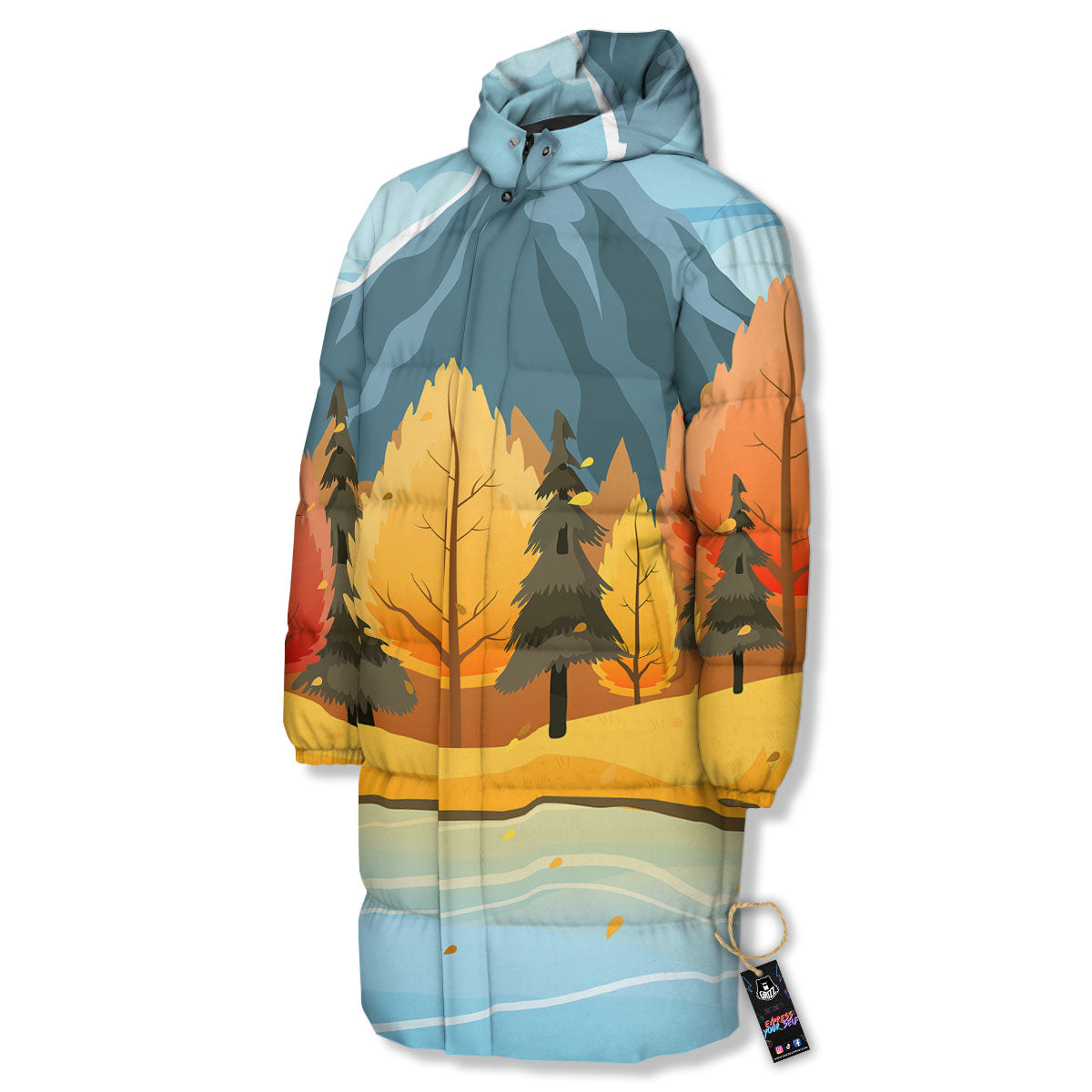 Lake Autumn Print Long Down Jacket-grizzshop