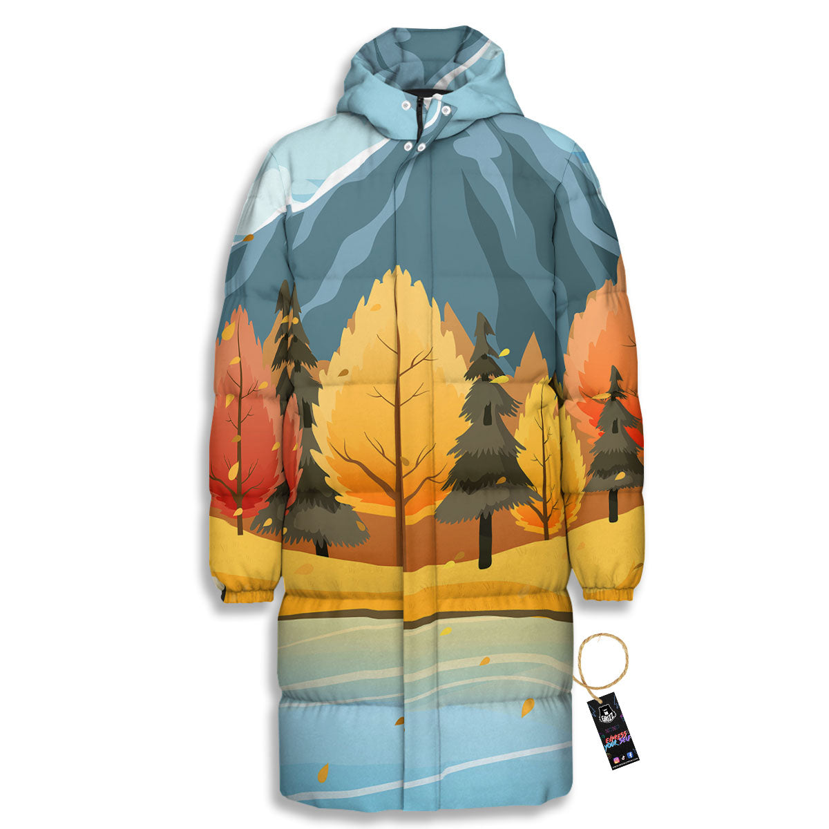 Lake Autumn Print Long Down Jacket-grizzshop