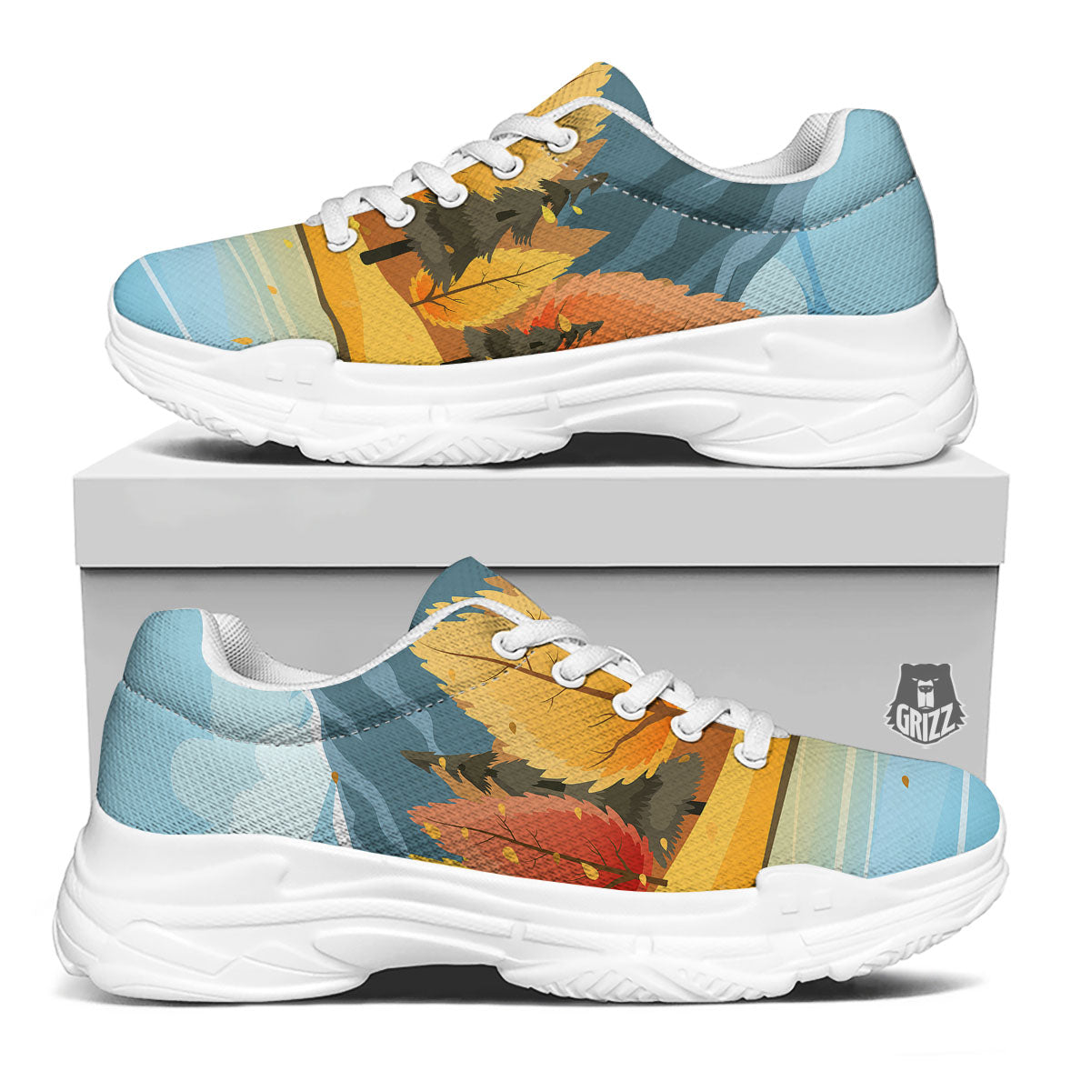 Lake Autumn Print White Chunky Shoes-grizzshop