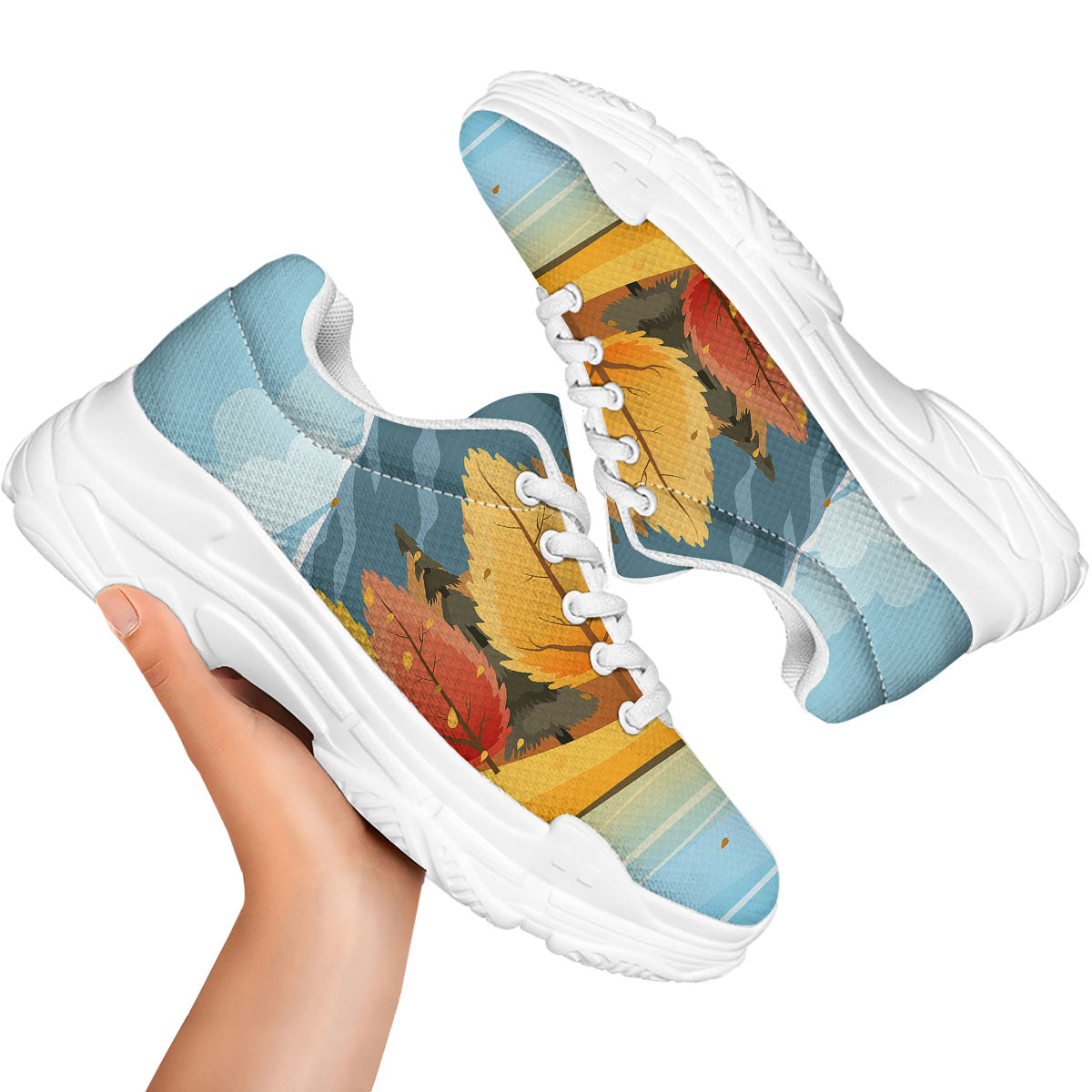 Lake Autumn Print White Chunky Shoes-grizzshop