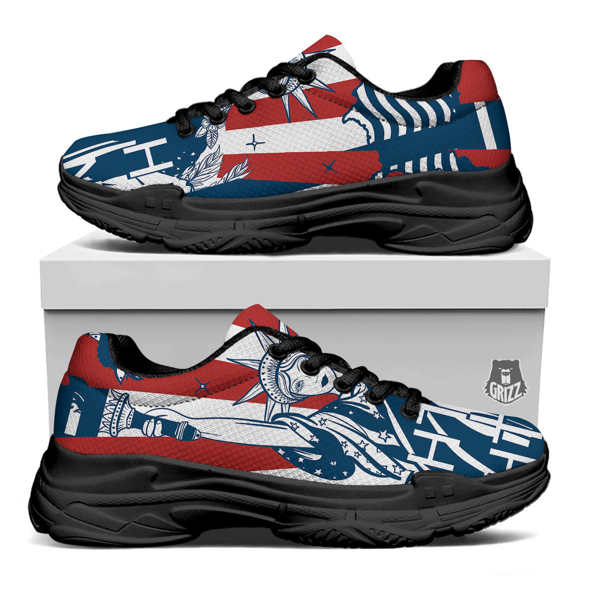 Land Of Liberty American Print Black Chunky Shoes-grizzshop