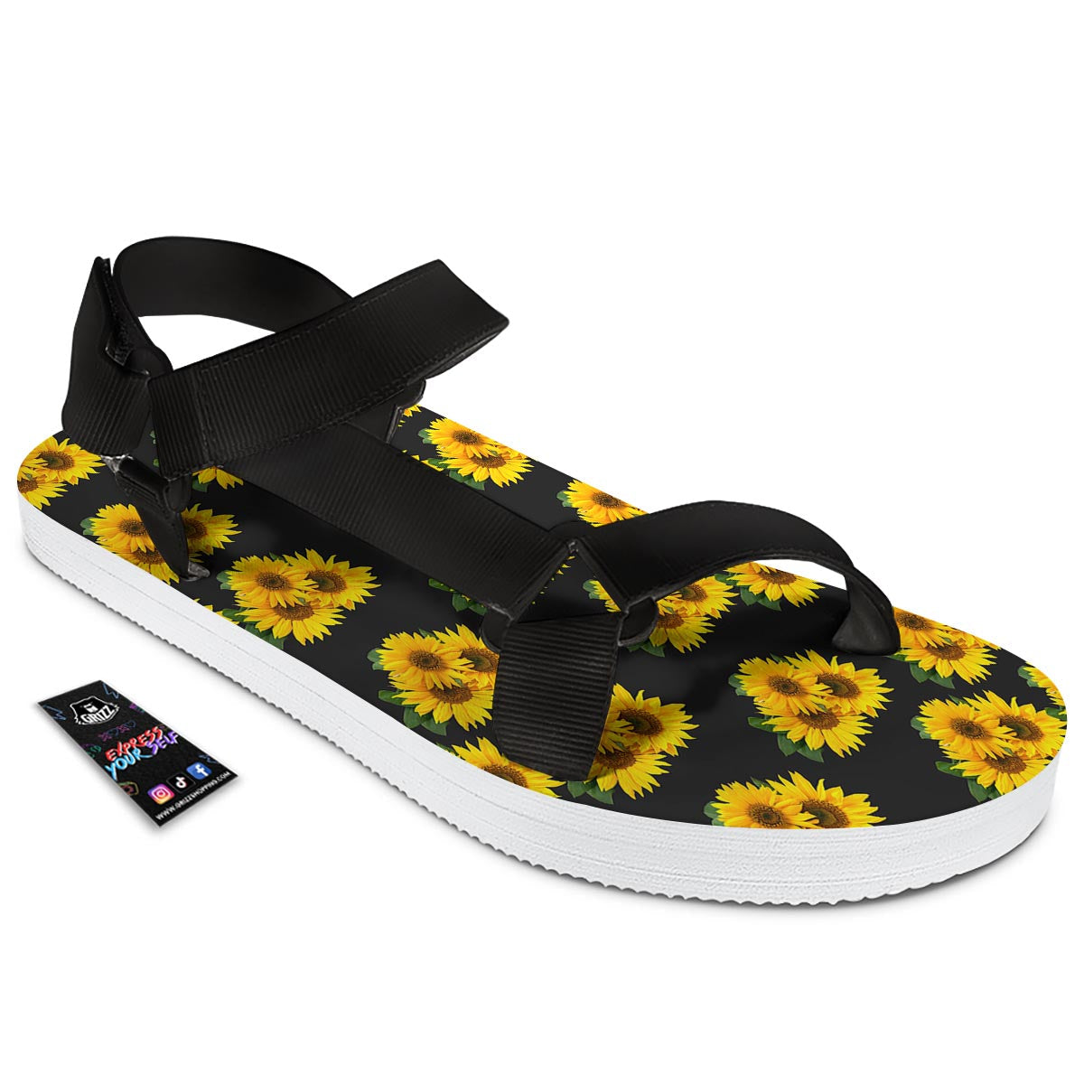 Landscape Sunflower Print Pattern Black Open Toe Sandals-grizzshop