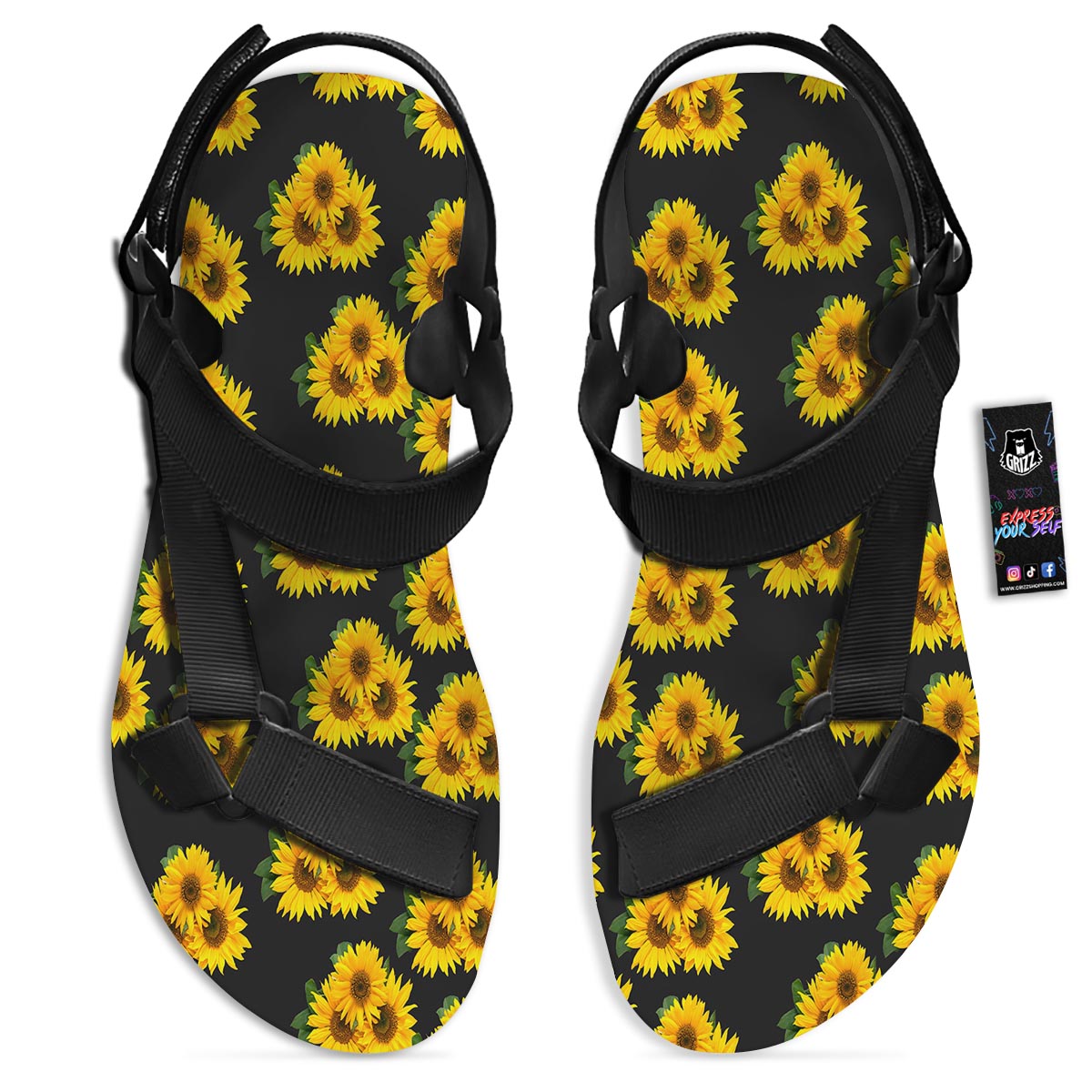 Landscape Sunflower Print Pattern Black Open Toe Sandals-grizzshop