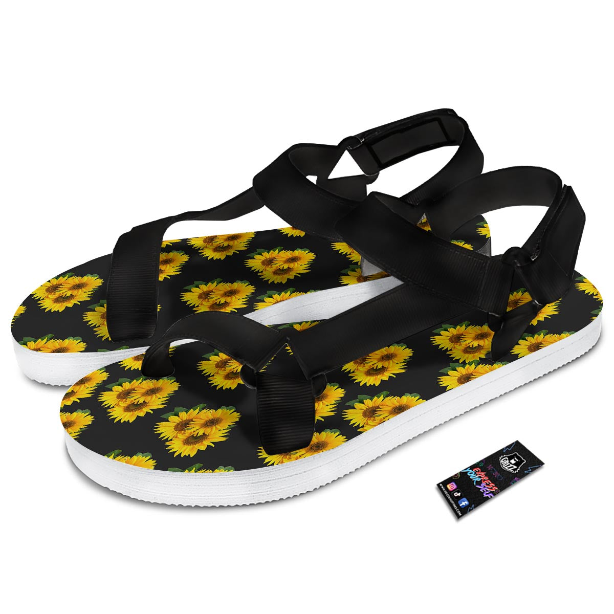 Landscape Sunflower Print Pattern Black Open Toe Sandals-grizzshop