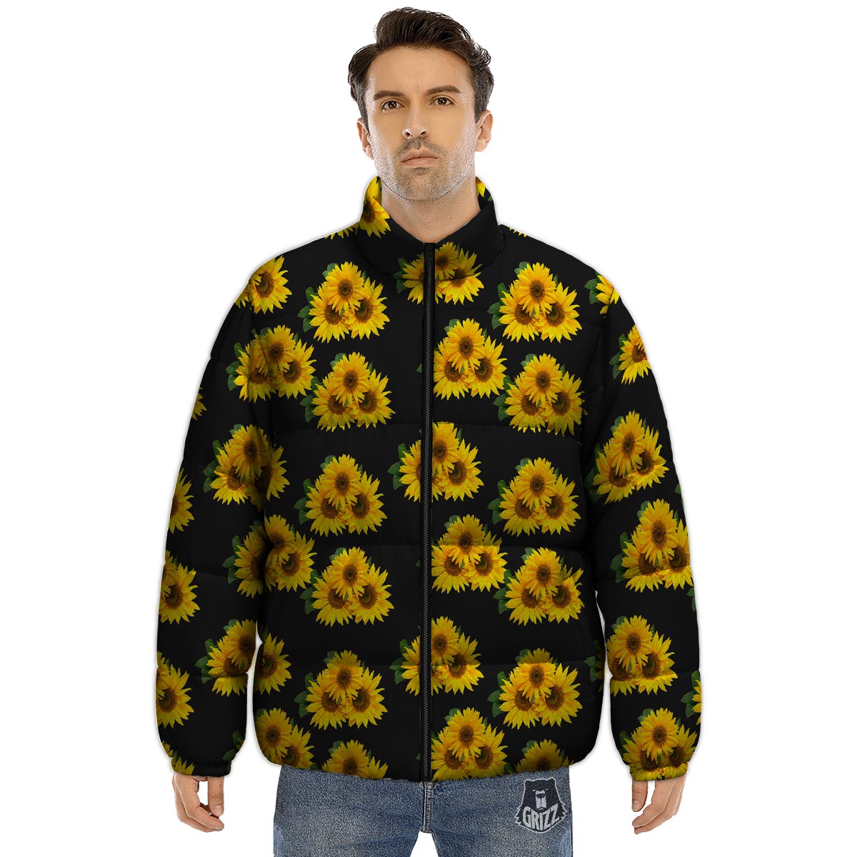 Landscape Sunflower Print Pattern Puffer Jacket-grizzshop