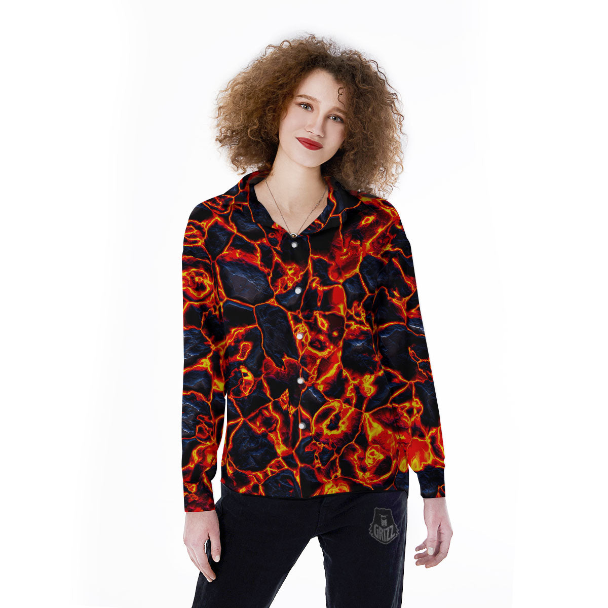 Lava Molten Print Women's Long Sleeve Shirts-grizzshop