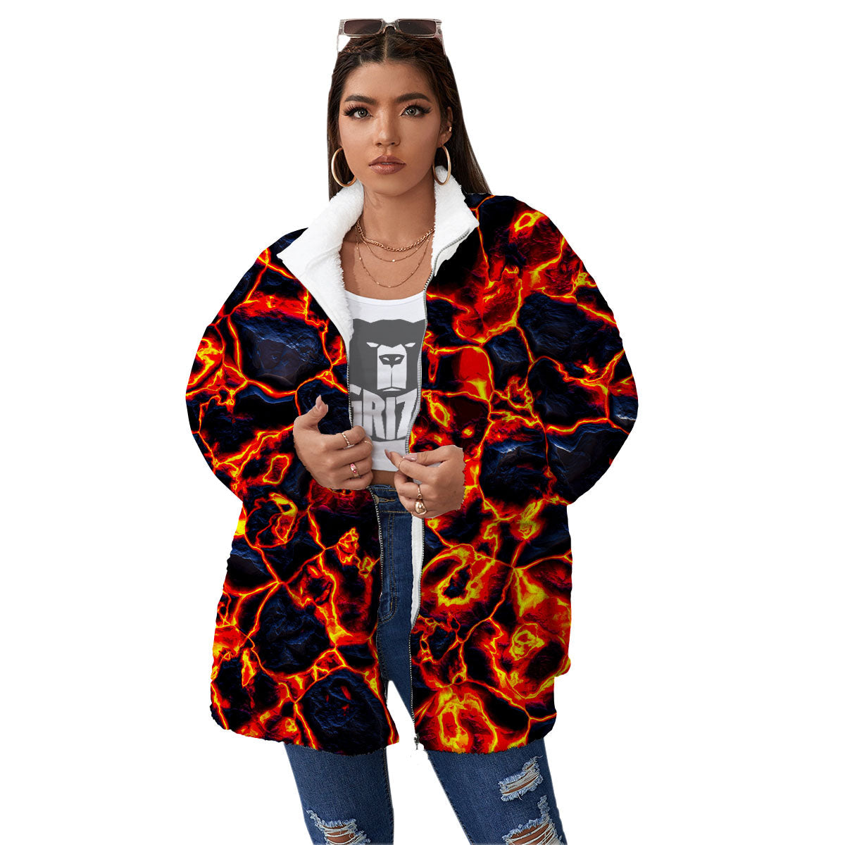 Lava Molten Print Women's Sherpa Jacket-grizzshop