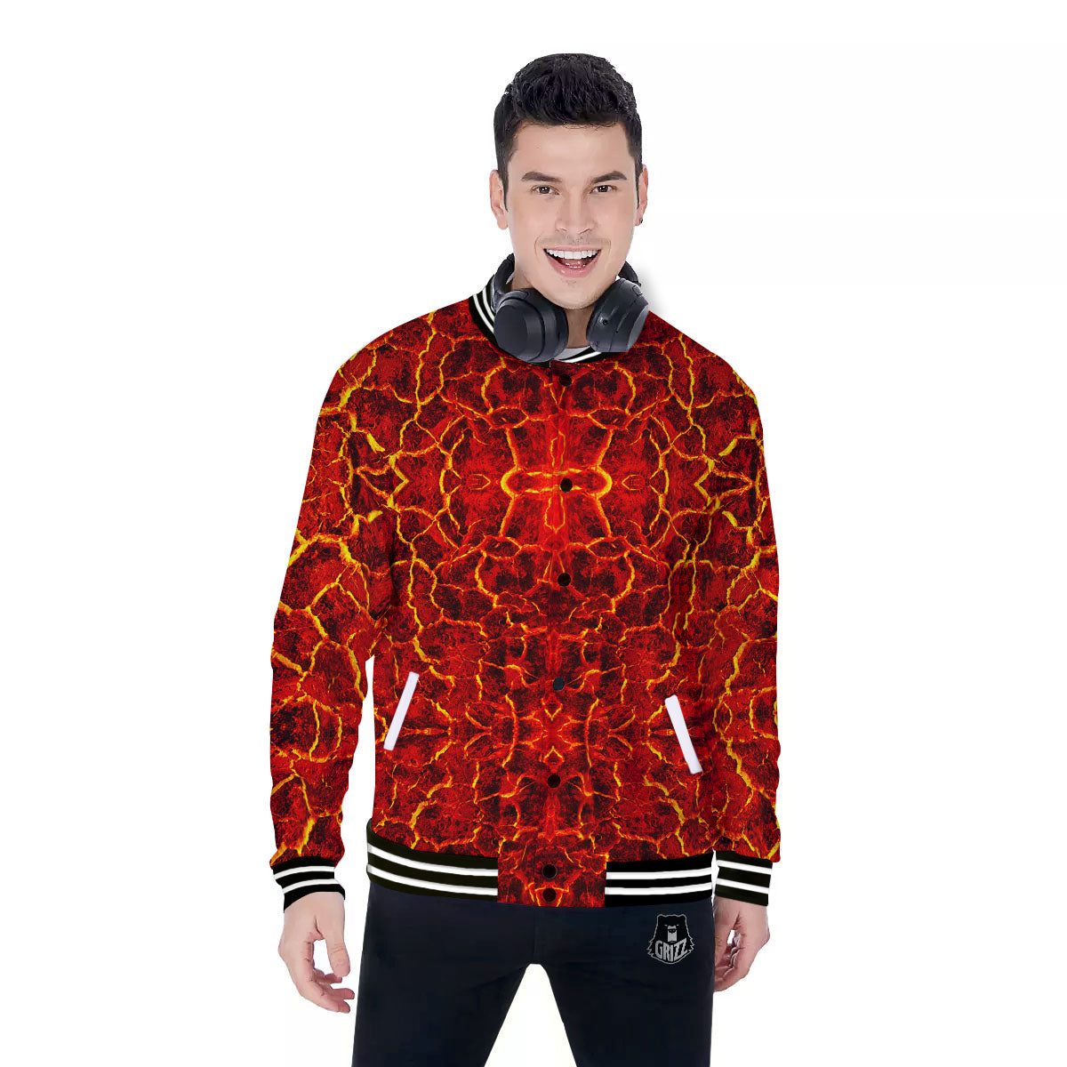 Lava Red Print Pattern Baseball Jacket-grizzshop