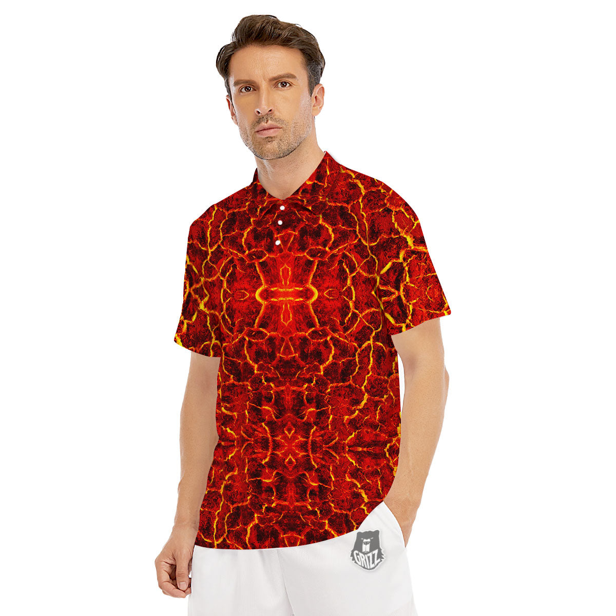 Lava Red Print Pattern Men's Golf Shirts-grizzshop