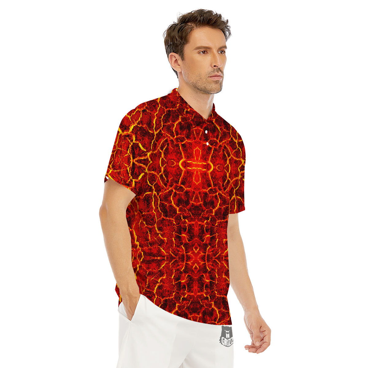 Lava Red Print Pattern Men's Golf Shirts-grizzshop