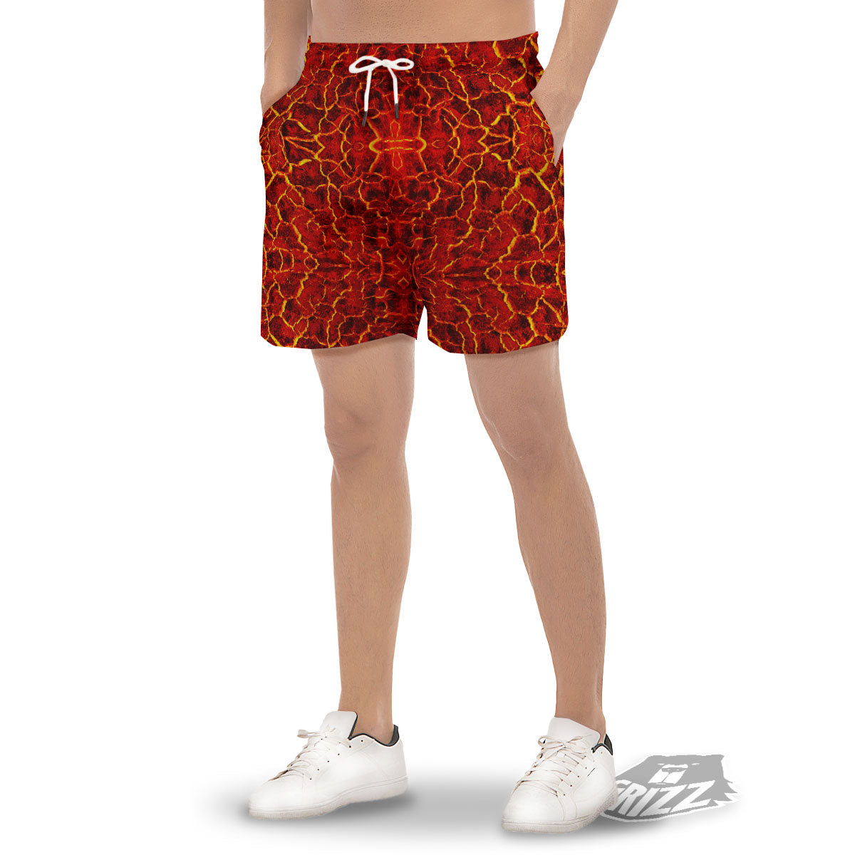 Lava Red Print Pattern Men's Gym Shorts-grizzshop