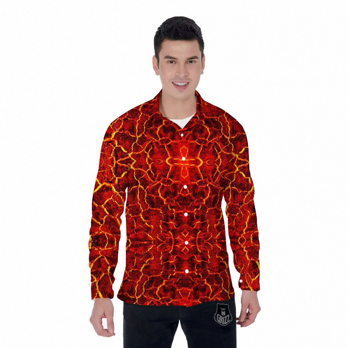 Lava Red Print Pattern Men's Long Sleeve Shirts-grizzshop