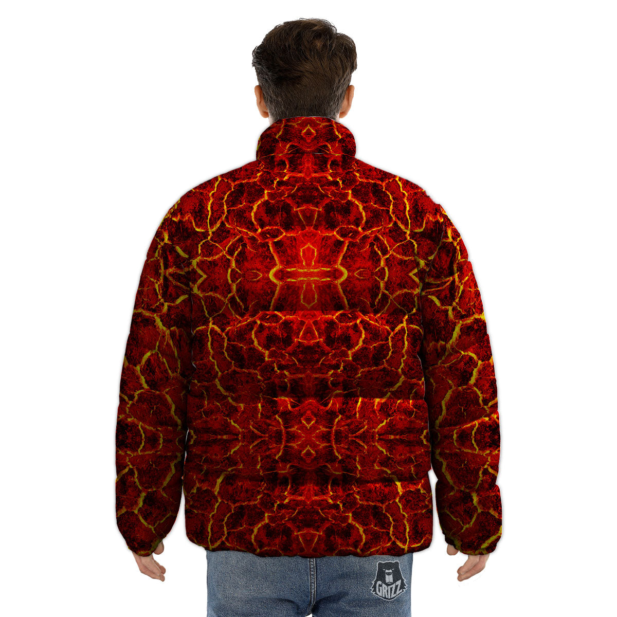 Lava Red Print Pattern Puffer Jacket-grizzshop