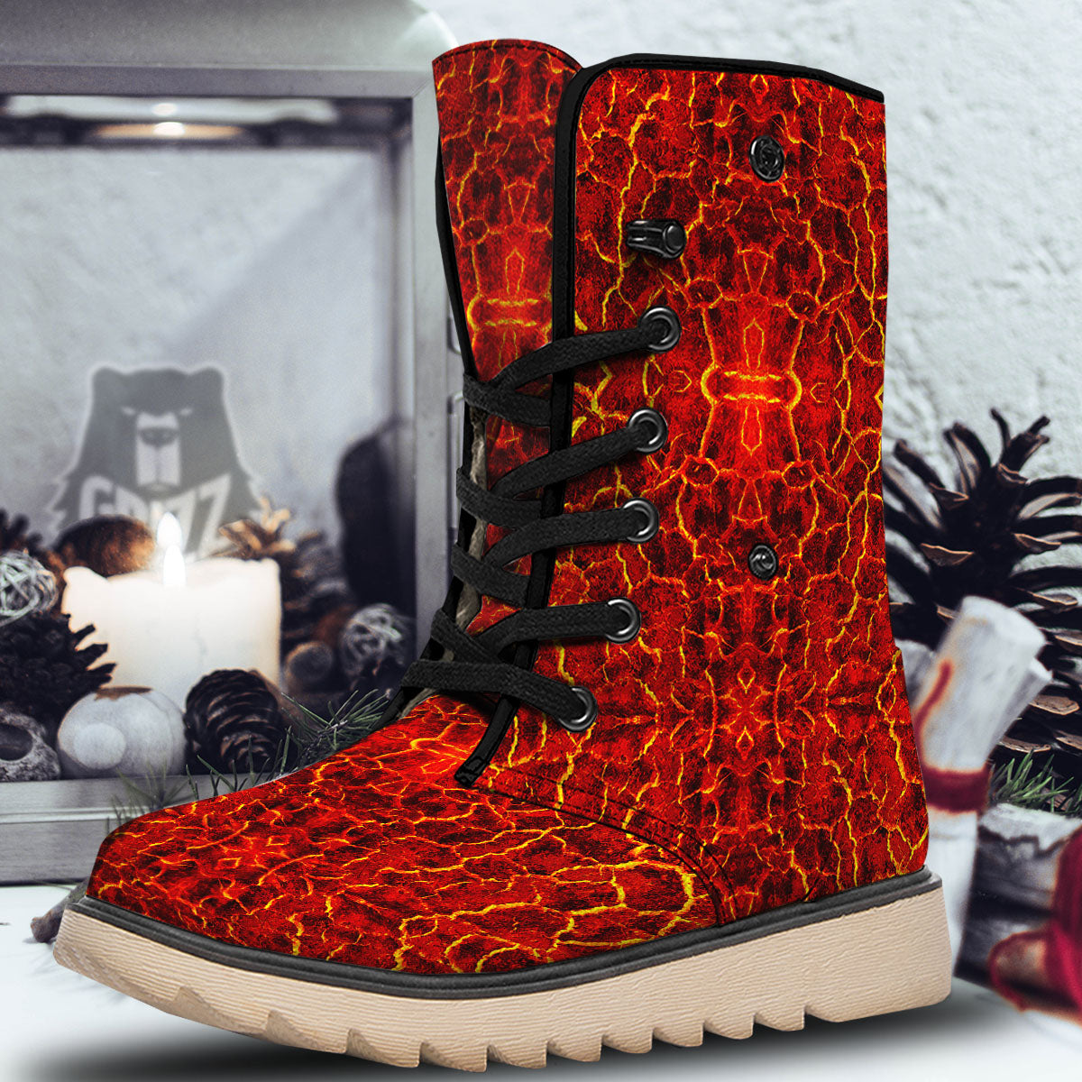 Lava Red Print Pattern Snow Boots-grizzshop