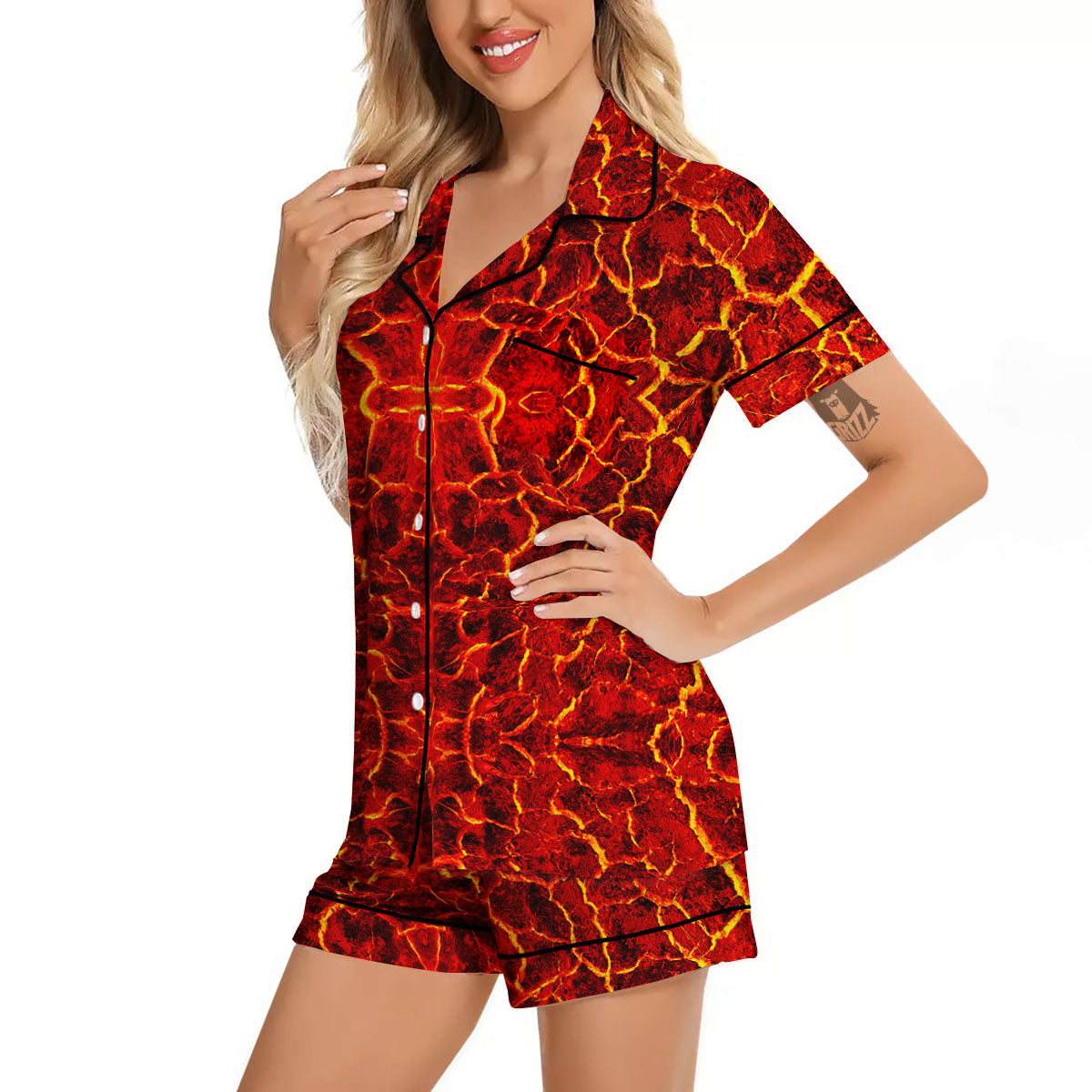 Lava Red Print Pattern Women Silk Pajamas-grizzshop