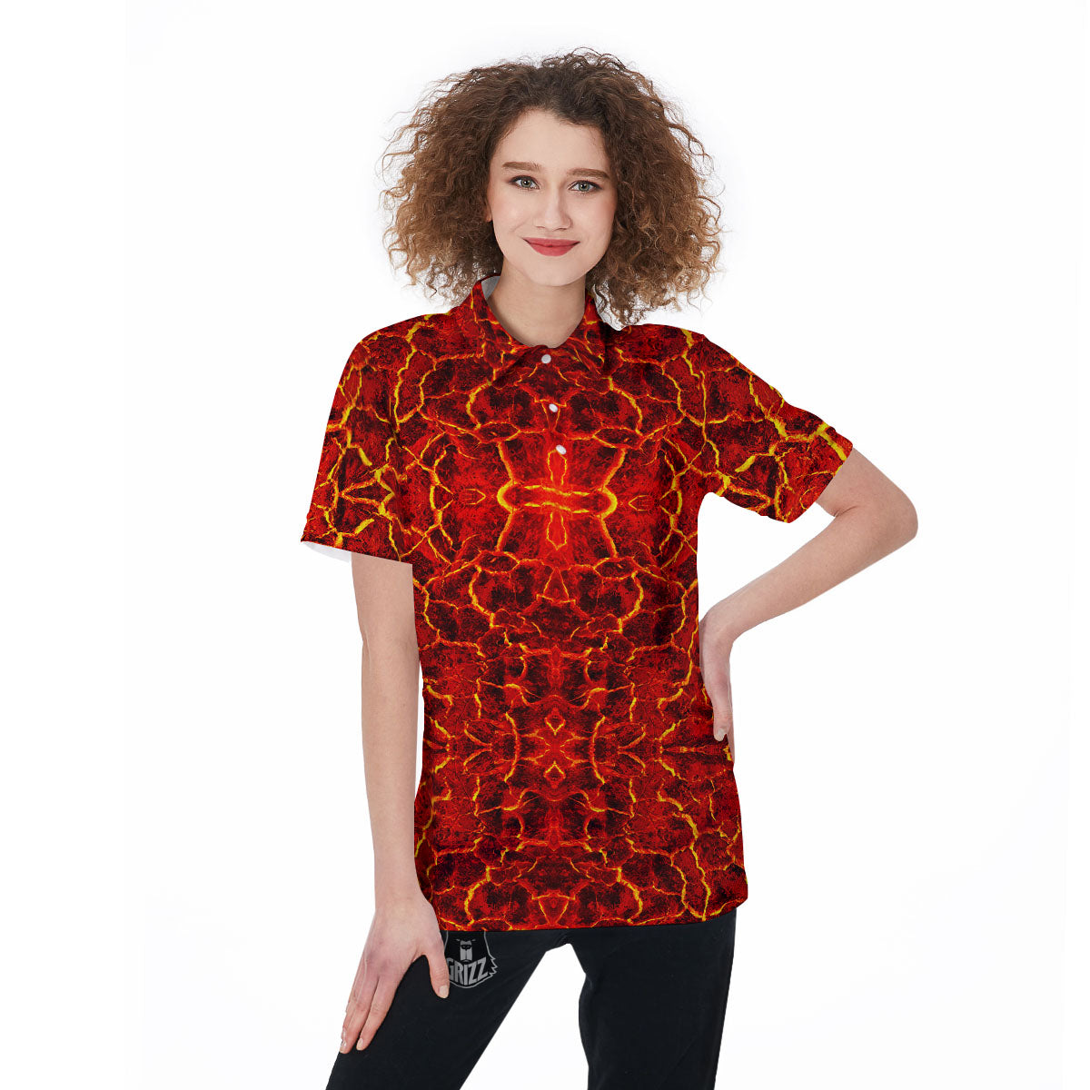 Lava Red Print Pattern Women's Golf Shirts-grizzshop